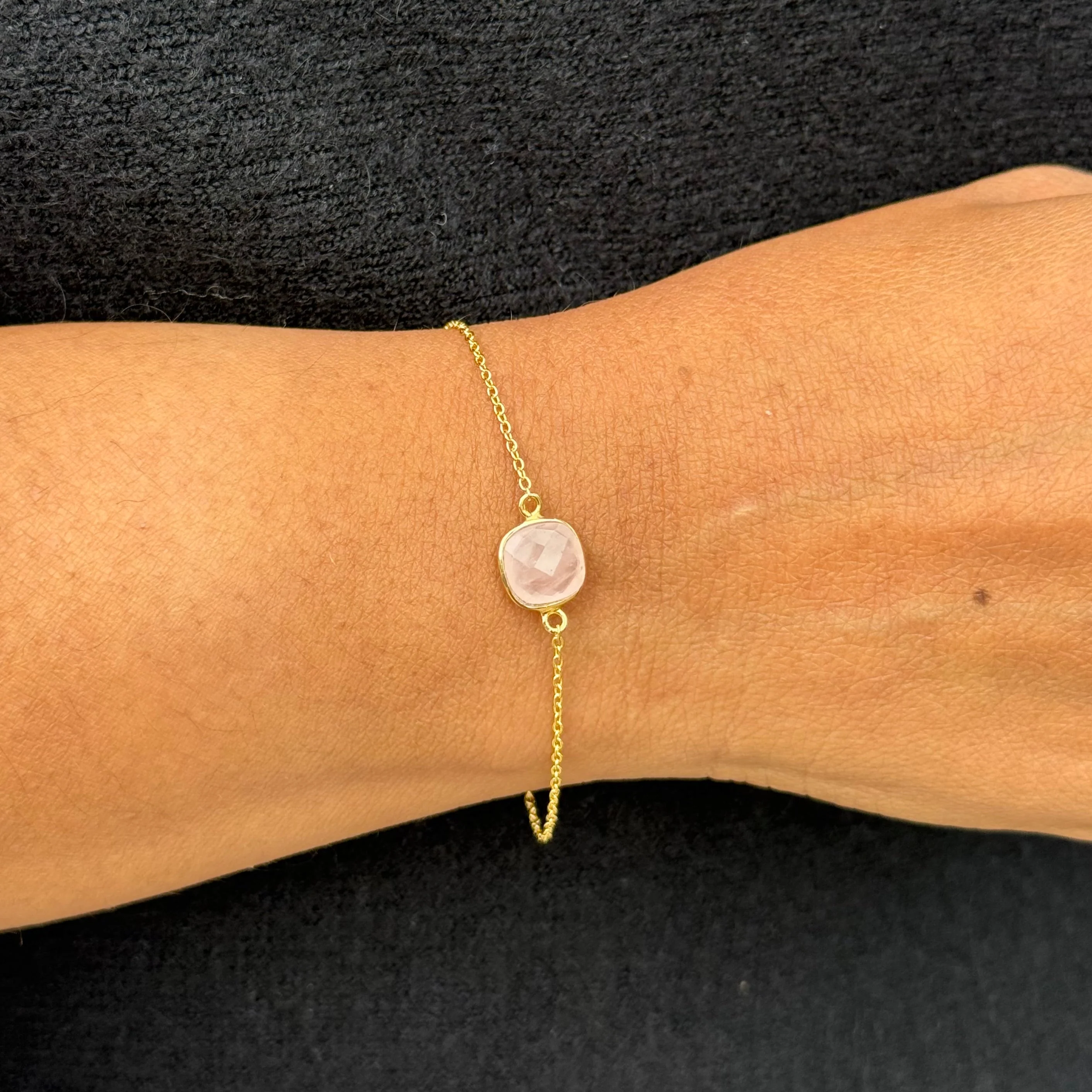Minimal Adjustable Bracelet in 3 micron 18k Gold Plated Sterling Silver with a Squared Shaped Rose Quartz Gemstone - Image 3