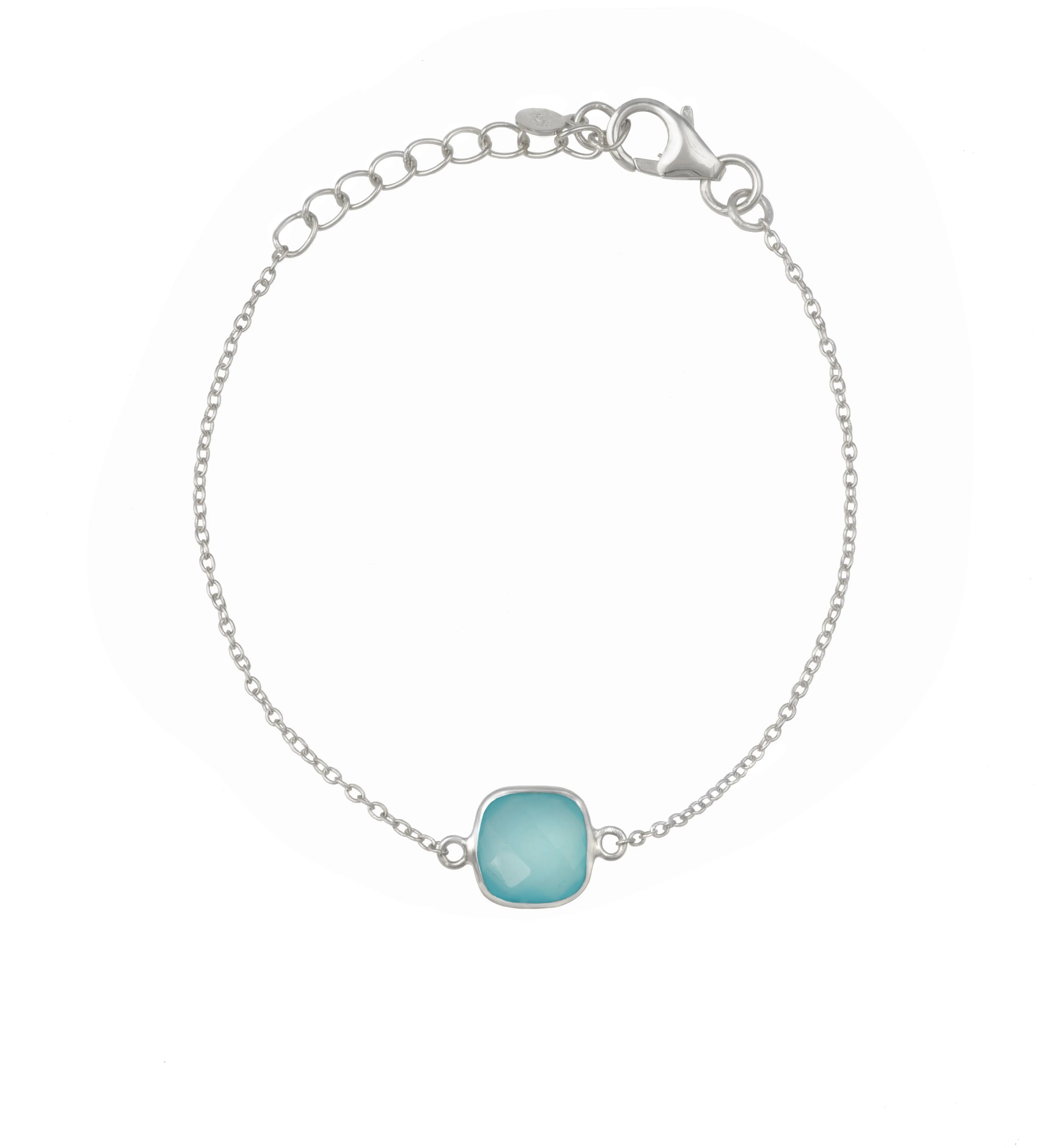 Minimal Adjustable Bracelet in Sterling Silver with a Square-Shaped Aqua Chalcedony Gemstone - Image 2
