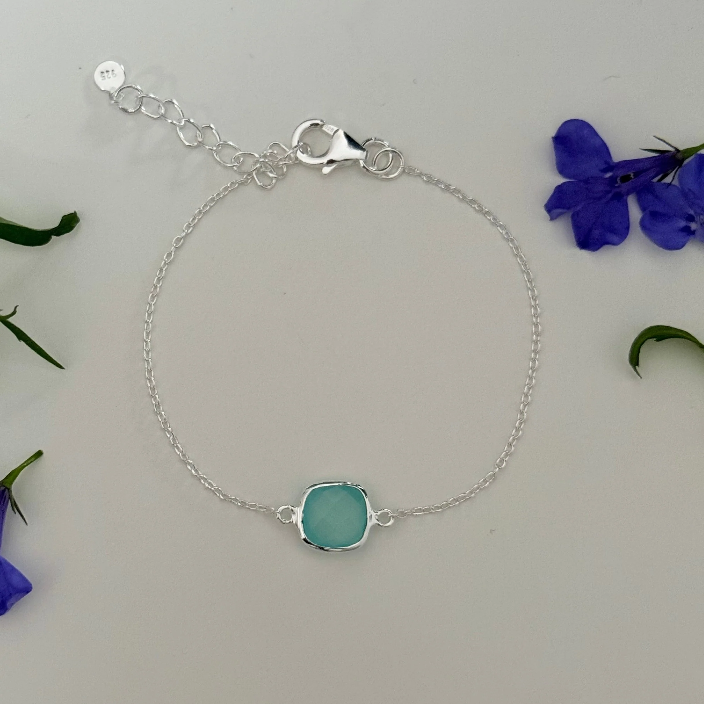 Minimal Adjustable Bracelet in Sterling Silver with a Square-Shaped Aqua Chalcedony Gemstone - Image 3