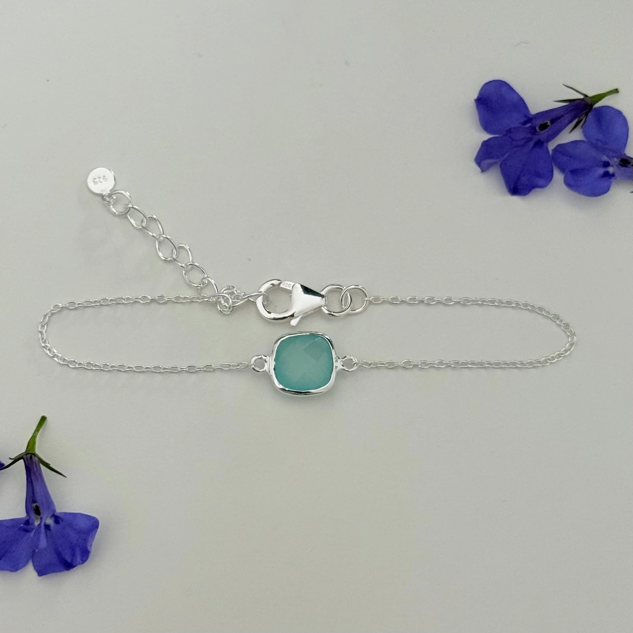 Minimal Adjustable Bracelet in Sterling Silver with a Square-Shaped Aqua Chalcedony Gemstone - Image 4
