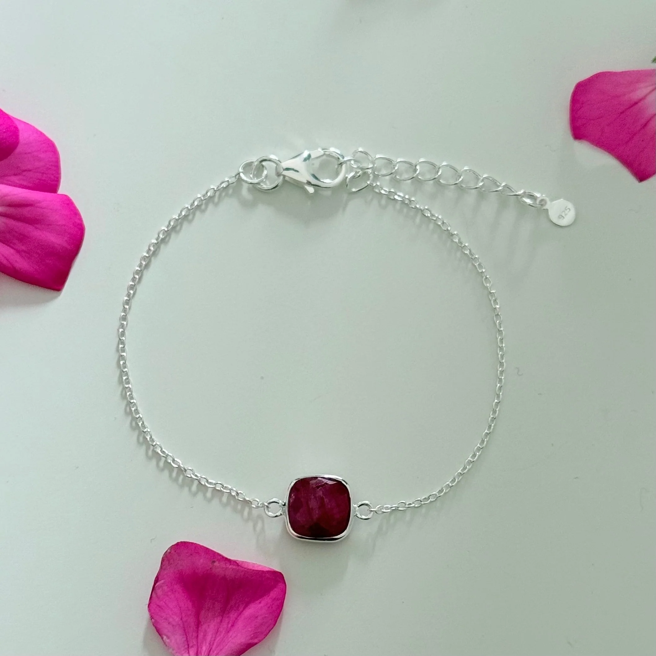 Minimal Adjustable Bracelet in Sterling Silver with a Square-Shaped Ruby Quartz Gemstone - Image 3