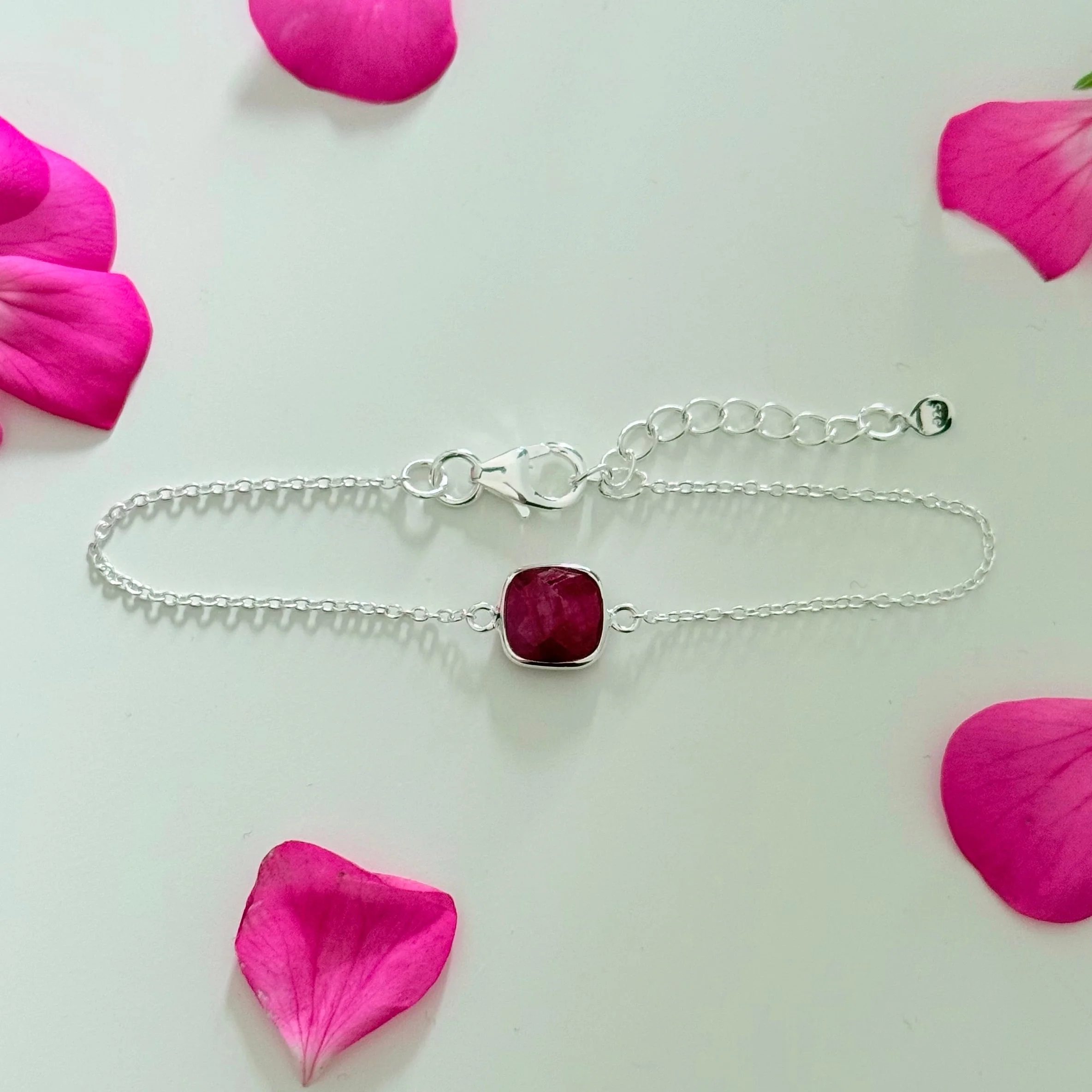 Minimal Adjustable Bracelet in Sterling Silver with a Square-Shaped Ruby Quartz Gemstone - Image 4