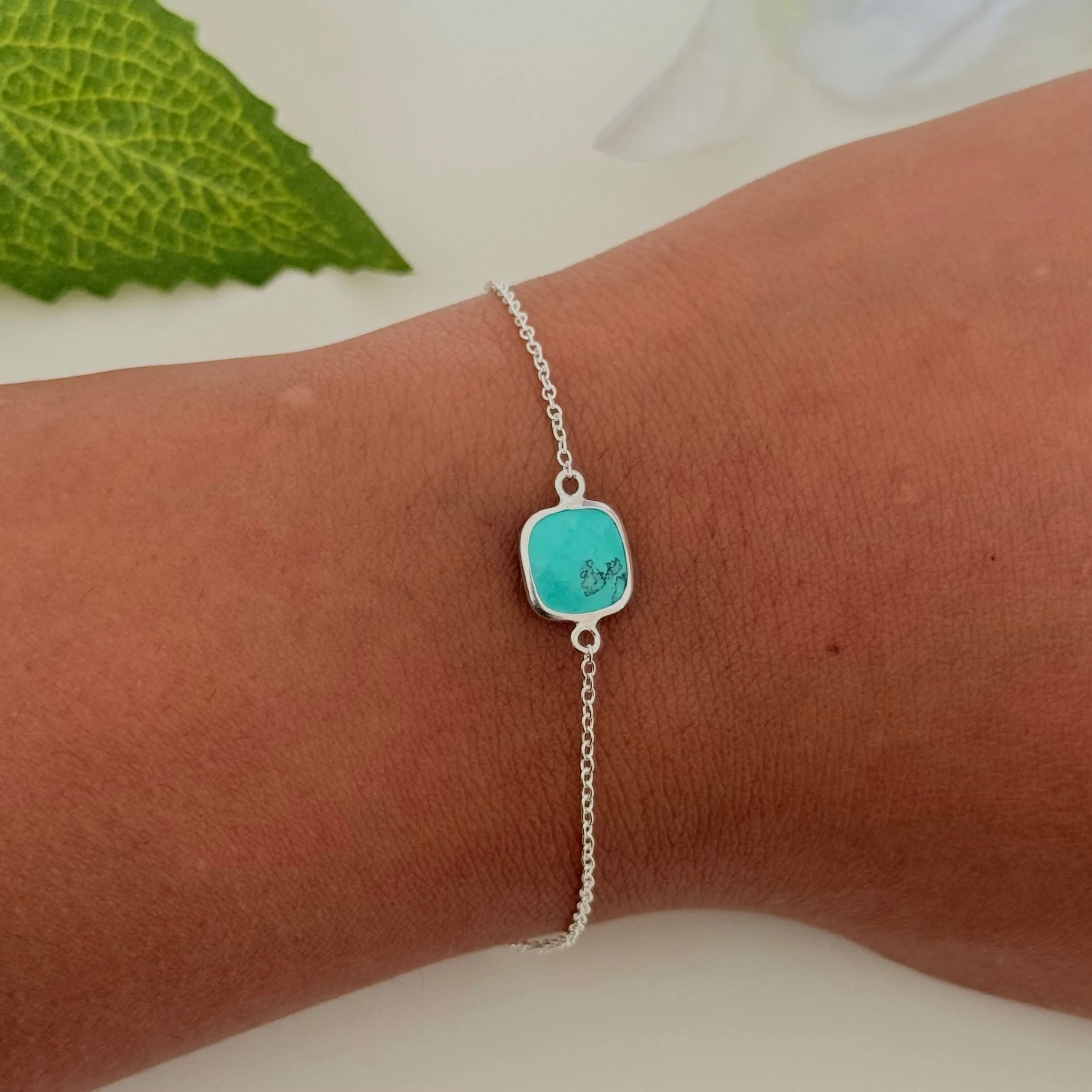 Minimal Adjustable Bracelet in Sterling Silver with a Square-Shaped Turquoise Gemstone - Image 3