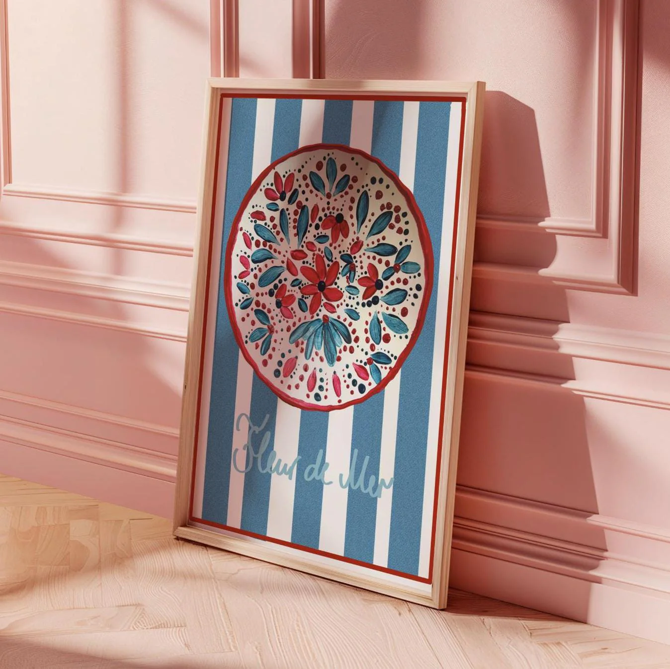 Modern Floral Wall Art Colorful Blue And White Striped Artwork - Image 2