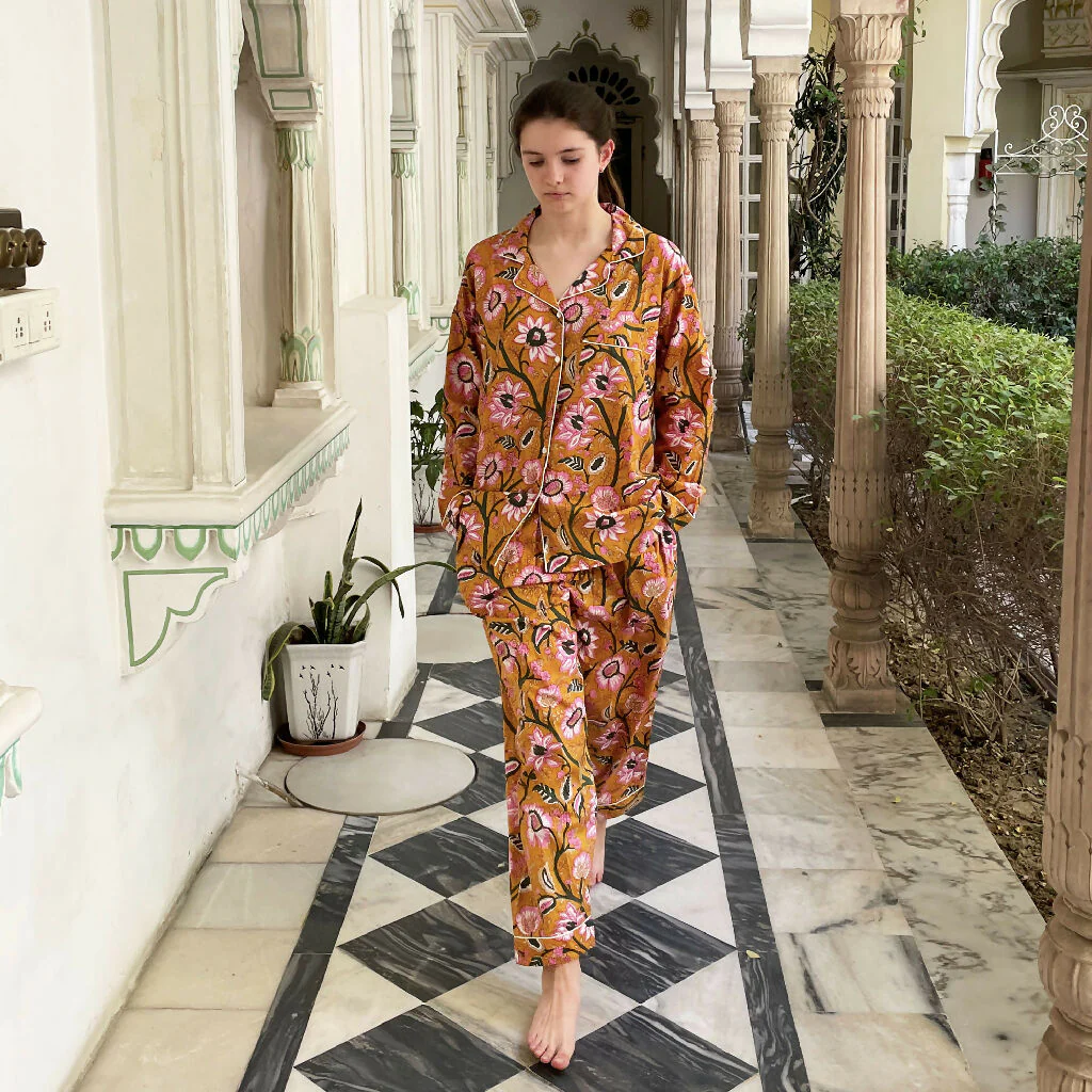 Mustard Yellow Block Print Floral 100% Cotton Long Pyjama Set - Image 3