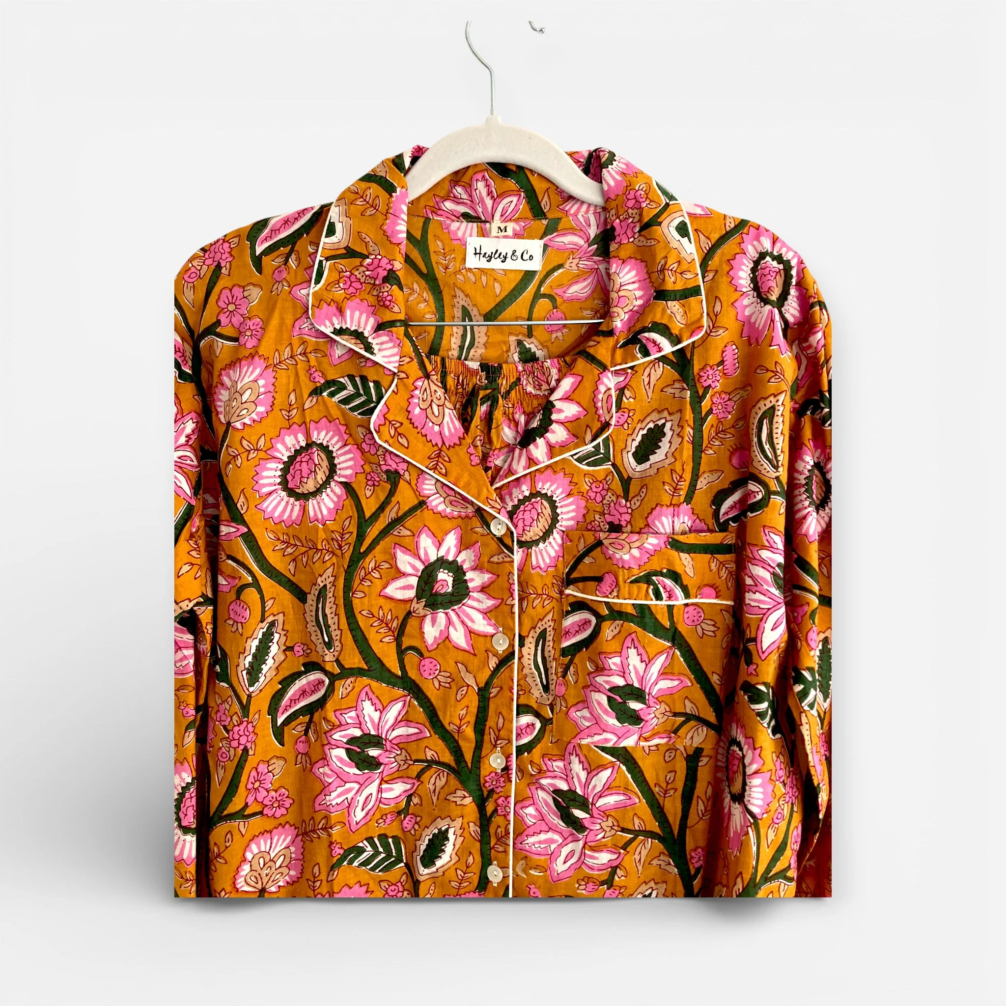 Mustard Yellow Block Print Floral 100% Cotton Long Pyjama Set - Image 6