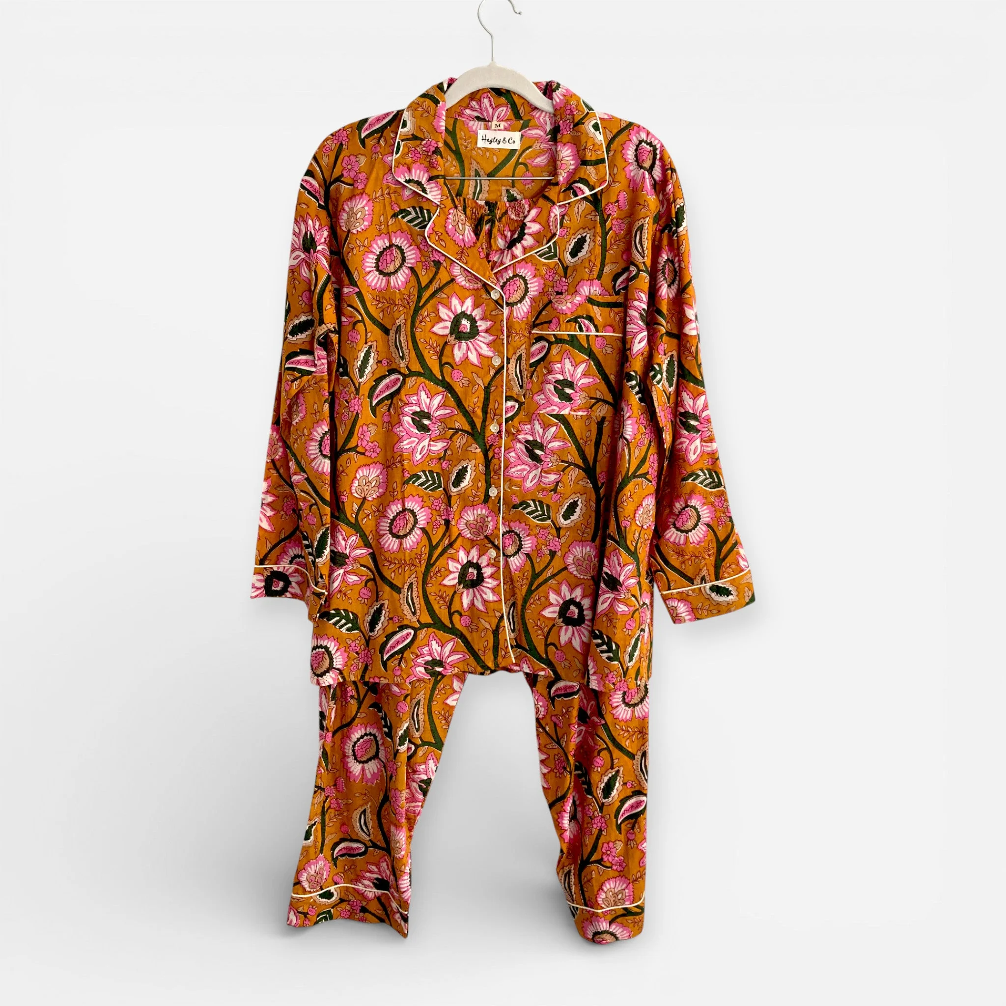 Mustard Yellow Block Print Floral 100% Cotton Long Pyjama Set - Image 8