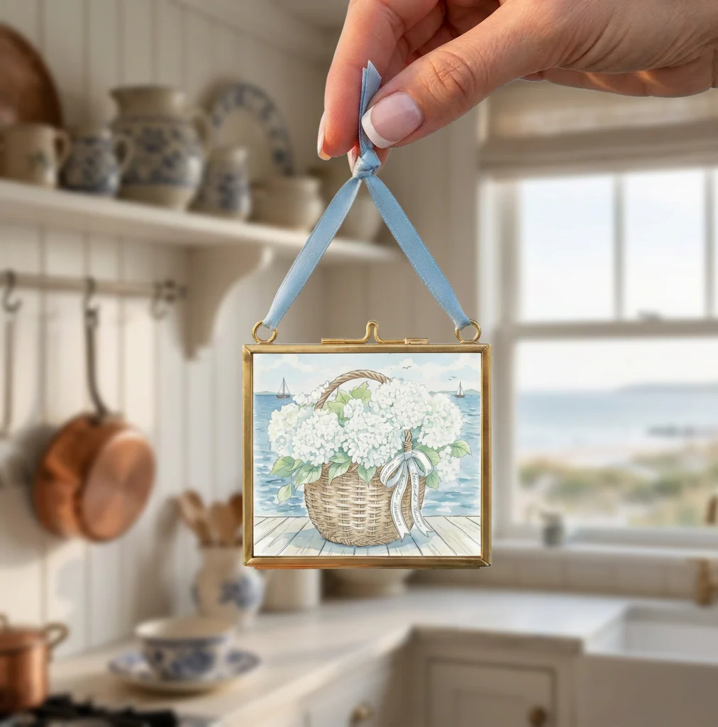 Nantucket Basket Watercolor Print Hydrangea Artwork Mini Brass Frame Coastal Wall Art