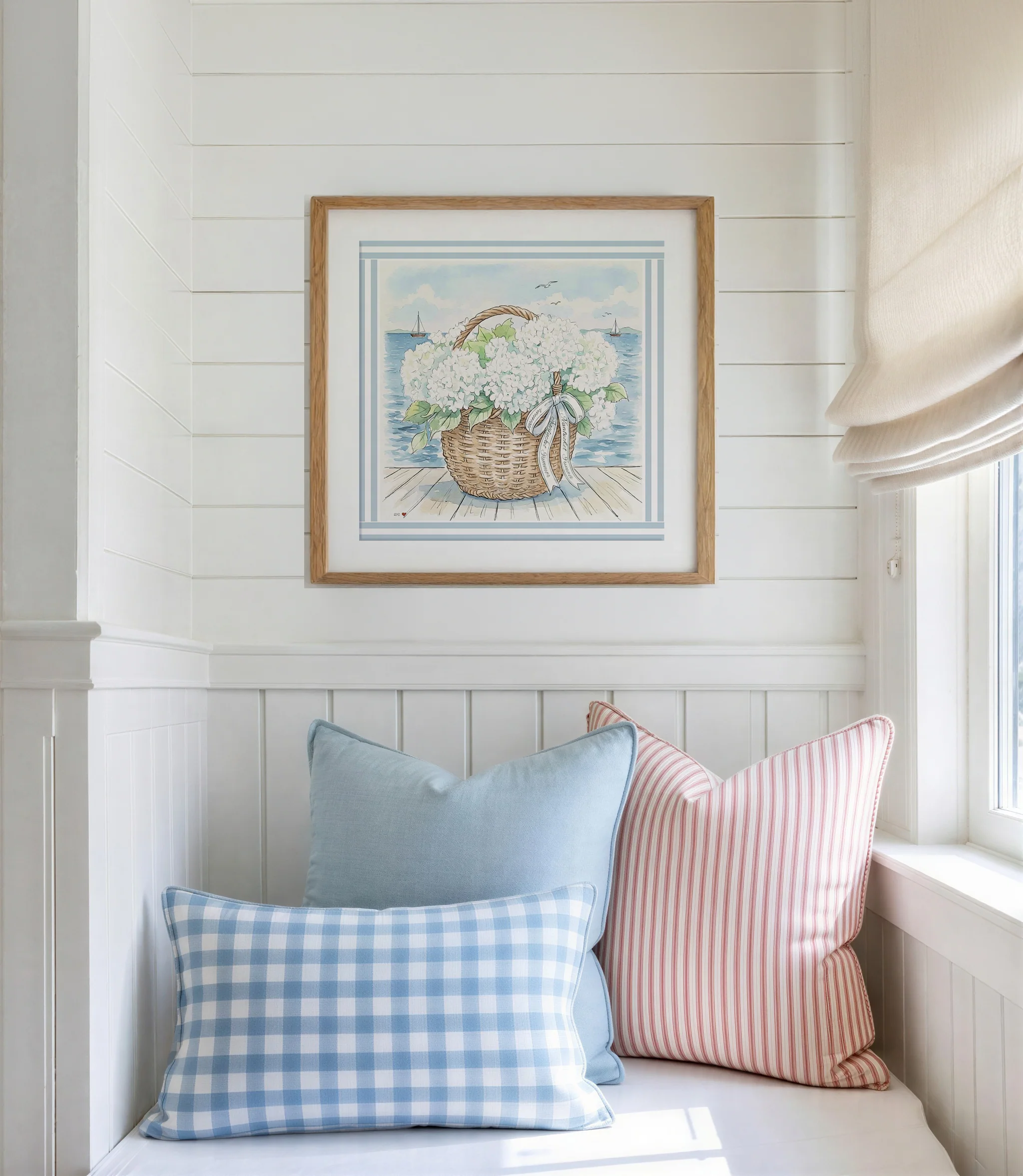 Nantucket Basket Watercolor Print Hydrangea Artwork Mini Brass Frame Coastal Wall Art - Image 10