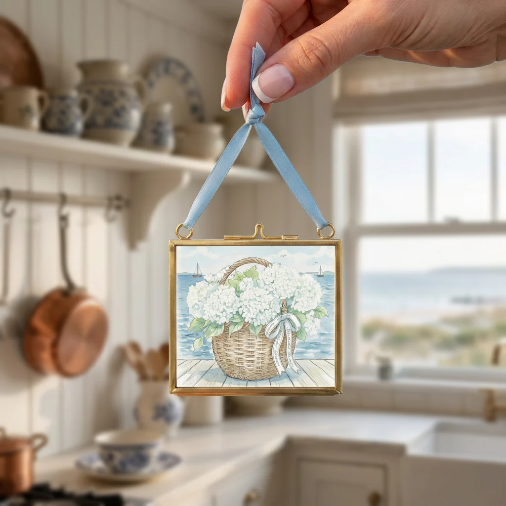 Nantucket Basket Watercolor Print Hydrangea Artwork Mini Brass Frame Coastal Wall Art - Image 2