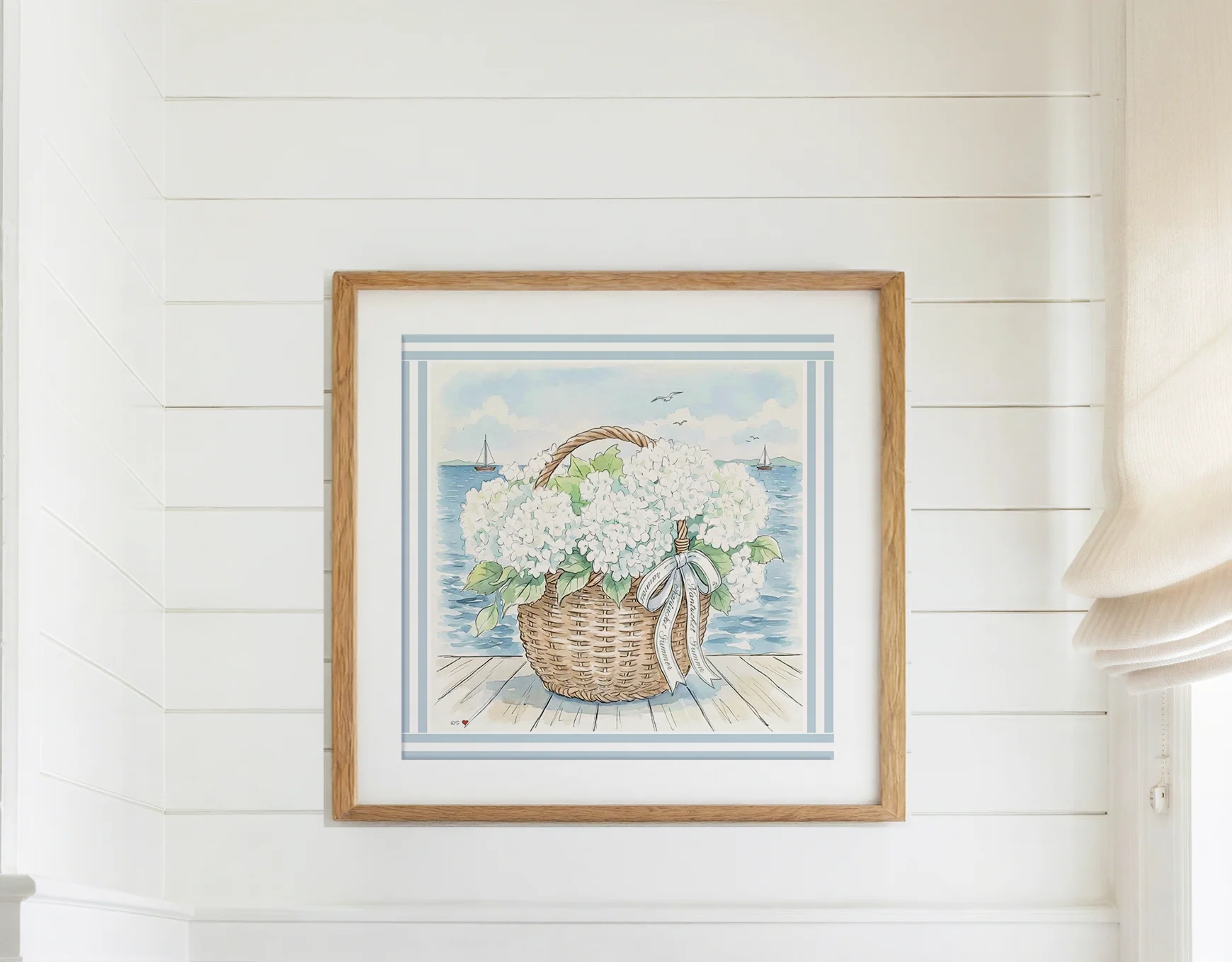 Nantucket Basket Watercolor Print Hydrangea Artwork Mini Brass Frame Coastal Wall Art - Image 3