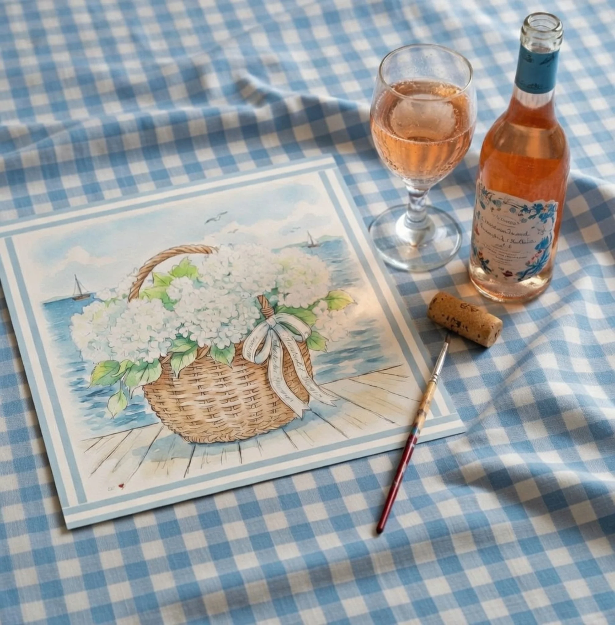 Nantucket Basket Watercolor Print Hydrangea Artwork Mini Brass Frame Coastal Wall Art - Image 4
