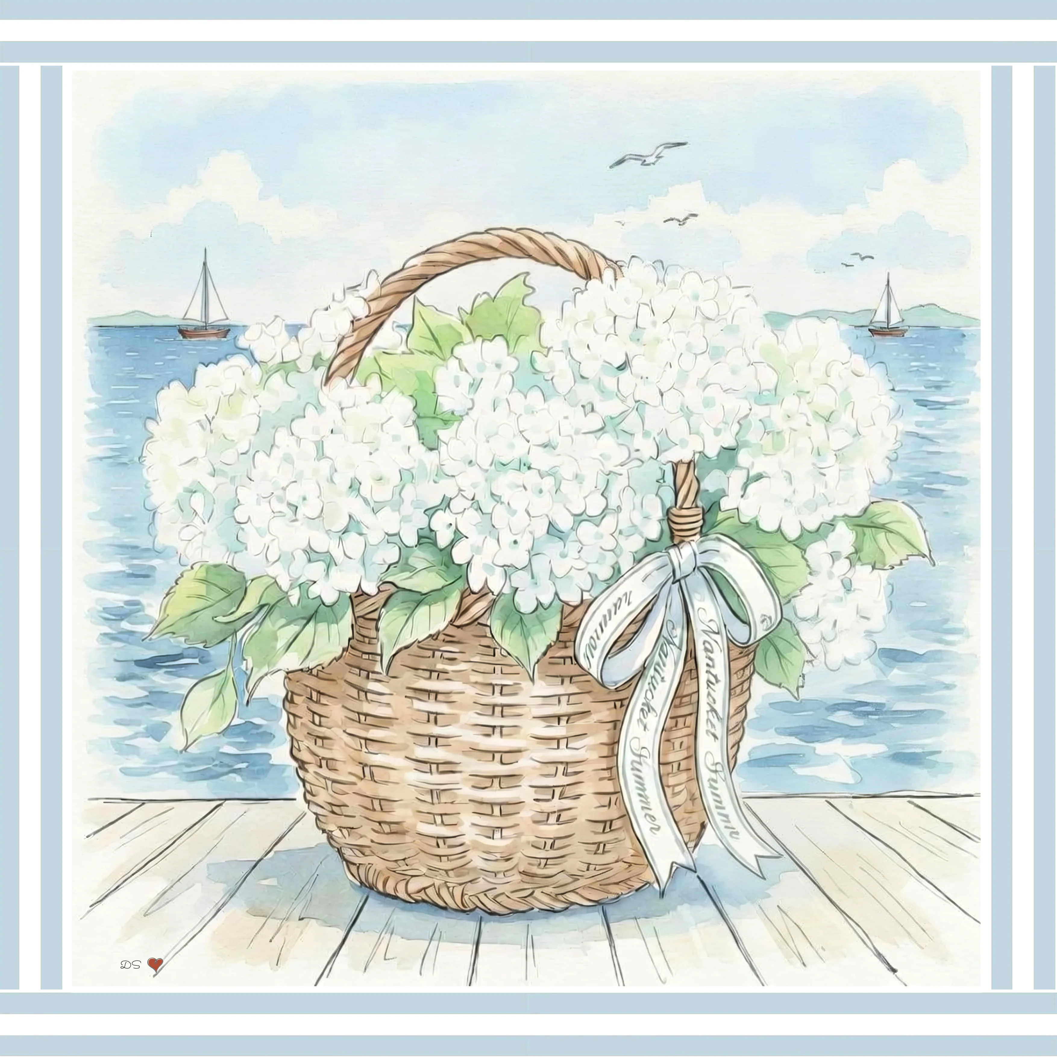 Nantucket Basket Watercolor Print Hydrangea Artwork Mini Brass Frame Coastal Wall Art - Image 5