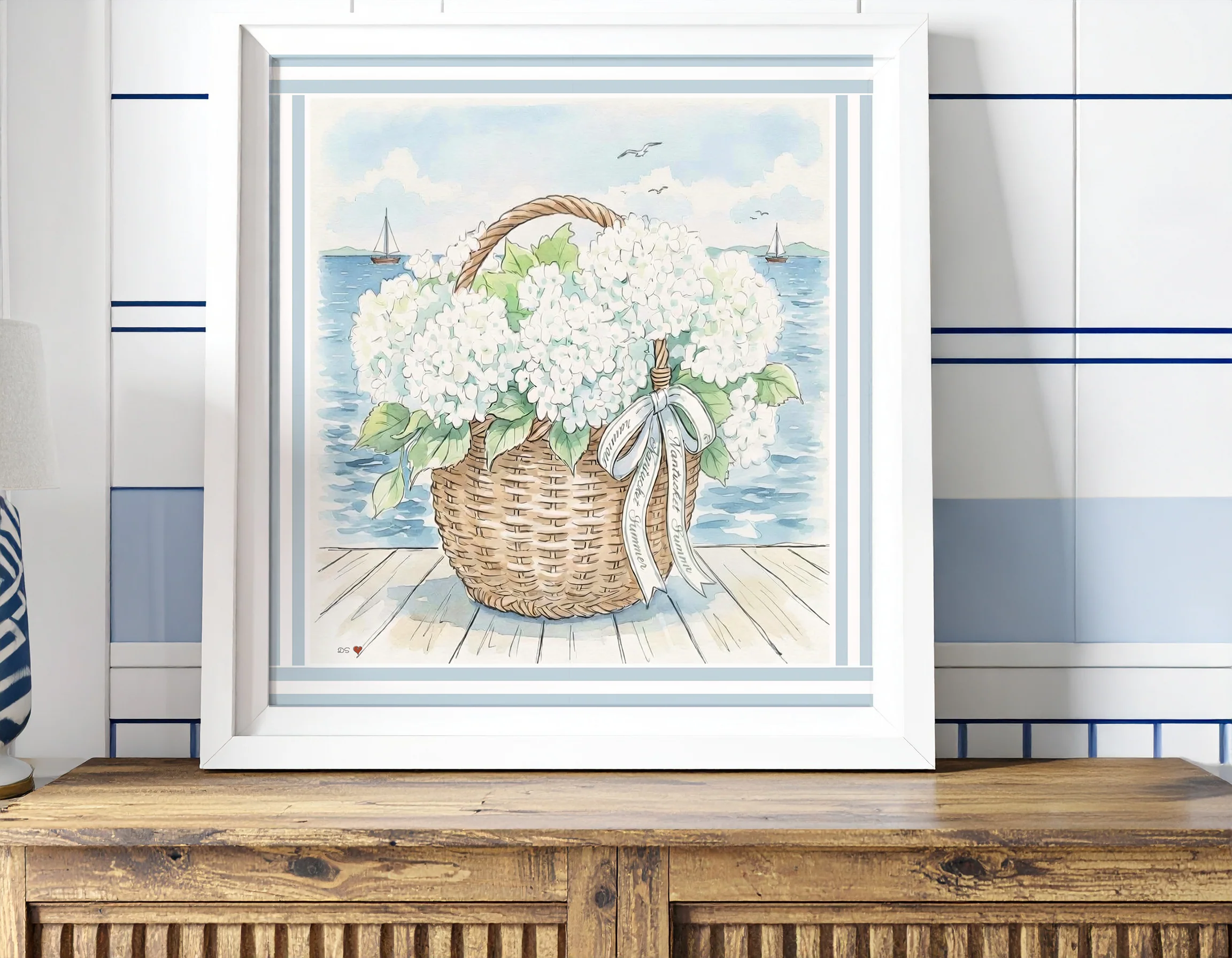 Nantucket Basket Watercolor Print Hydrangea Artwork Mini Brass Frame Coastal Wall Art - Image 6