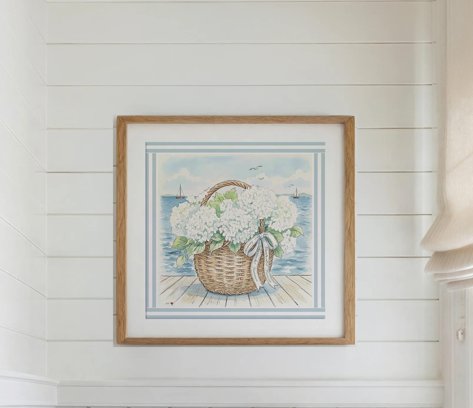 Nantucket Basket Watercolor Print Hydrangea Artwork Mini Brass Frame Coastal Wall Art - Image 9