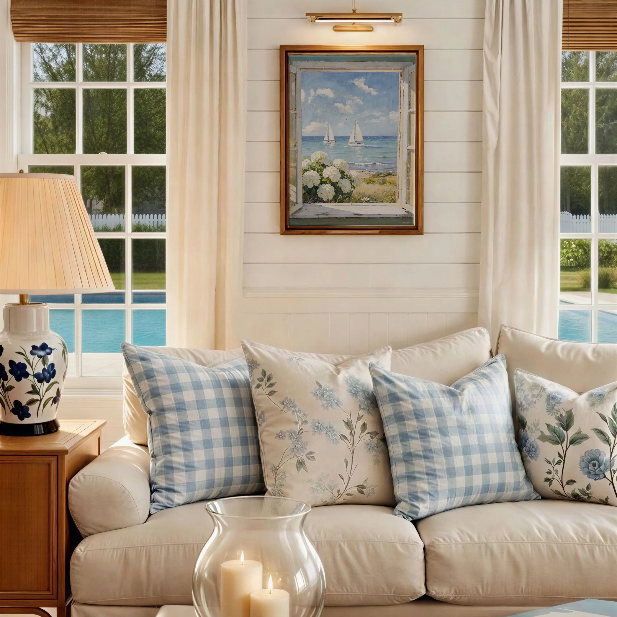 Nantucket Coastal Print, Cottage Window Sea View with Sailboat & Hydrangeas, Coastal Cottage Window Print Nantucket - Image 2