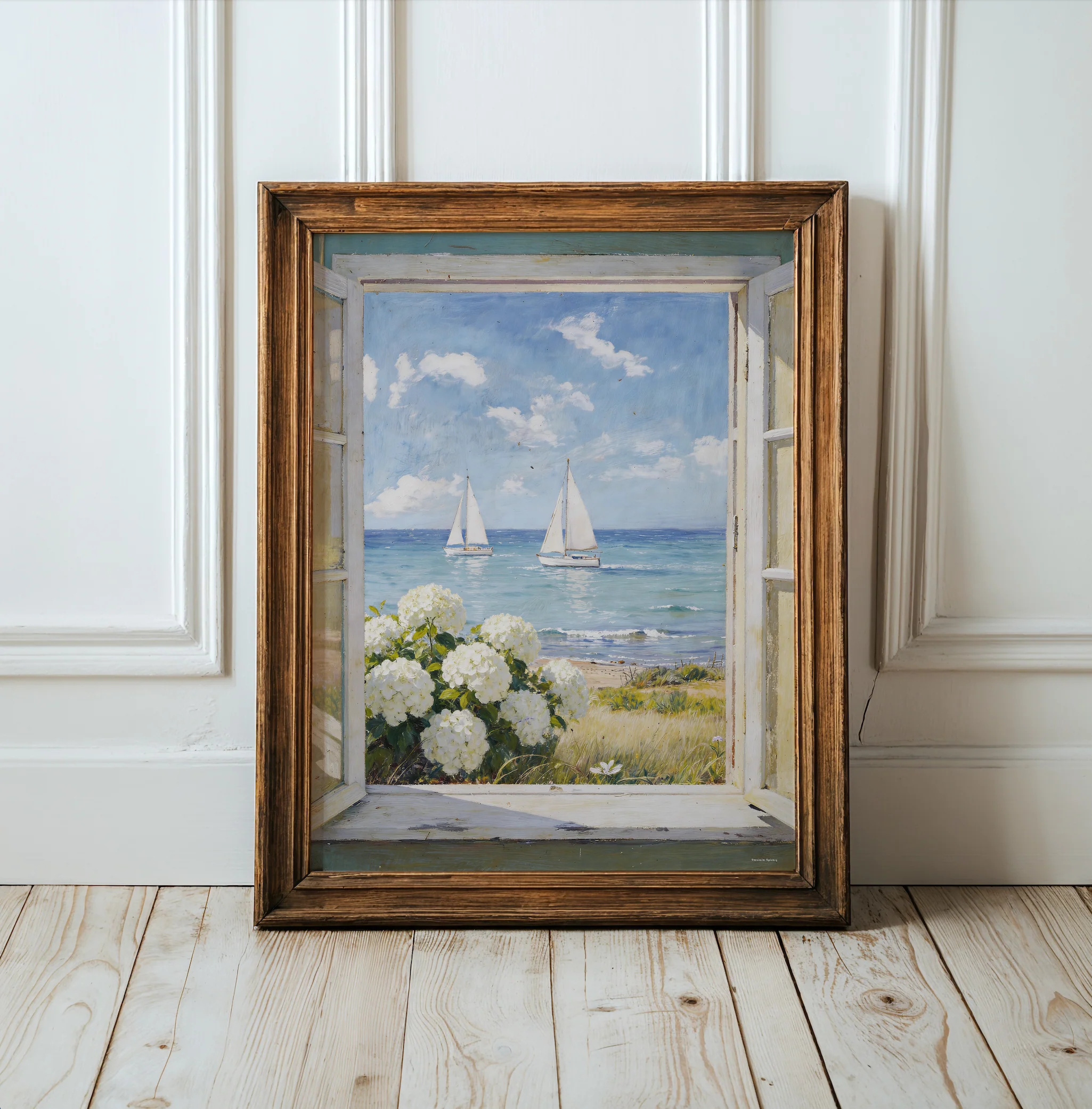 Nantucket Coastal Print, Cottage Window Sea View with Sailboat & Hydrangeas, Coastal Cottage Window Print Nantucket - Image 3