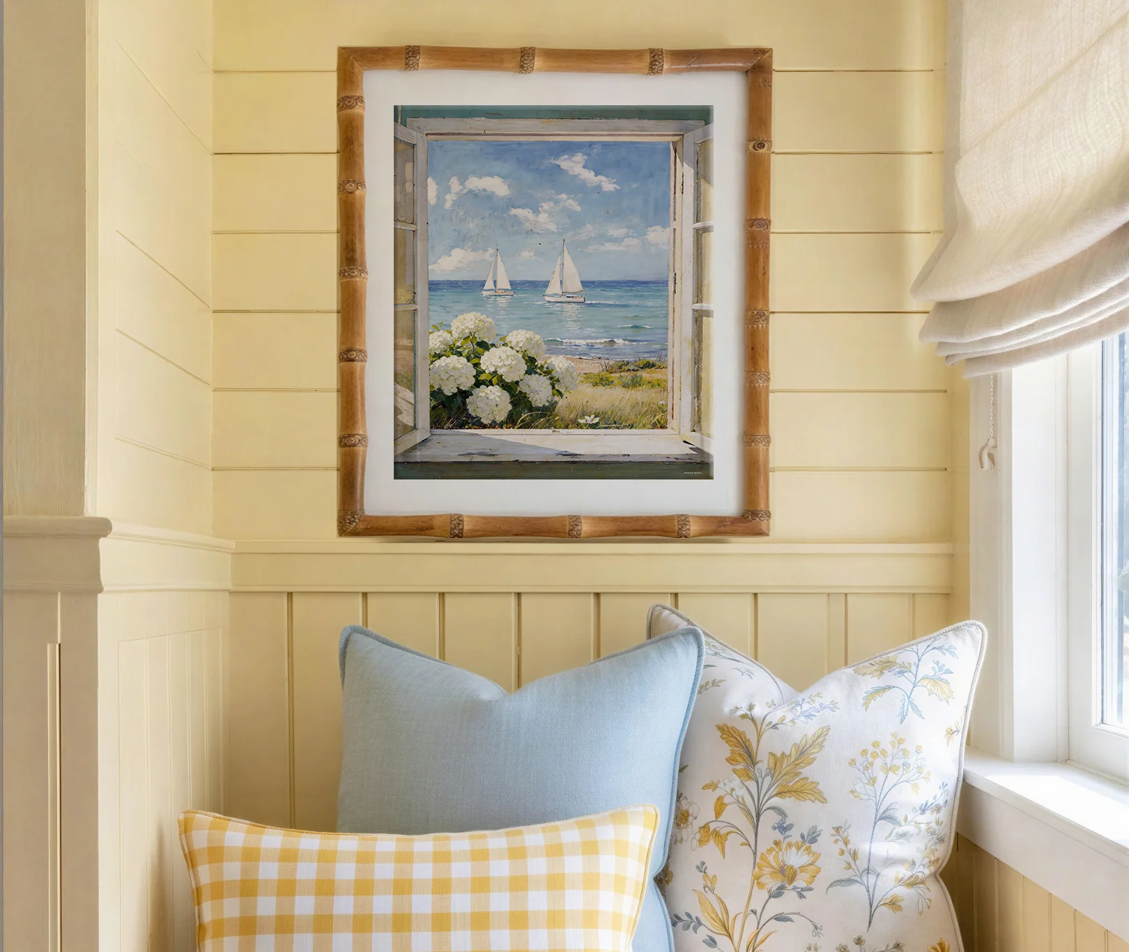 Nantucket Coastal Print, Cottage Window Sea View with Sailboat & Hydrangeas, Coastal Cottage Window Print Nantucket - Image 4