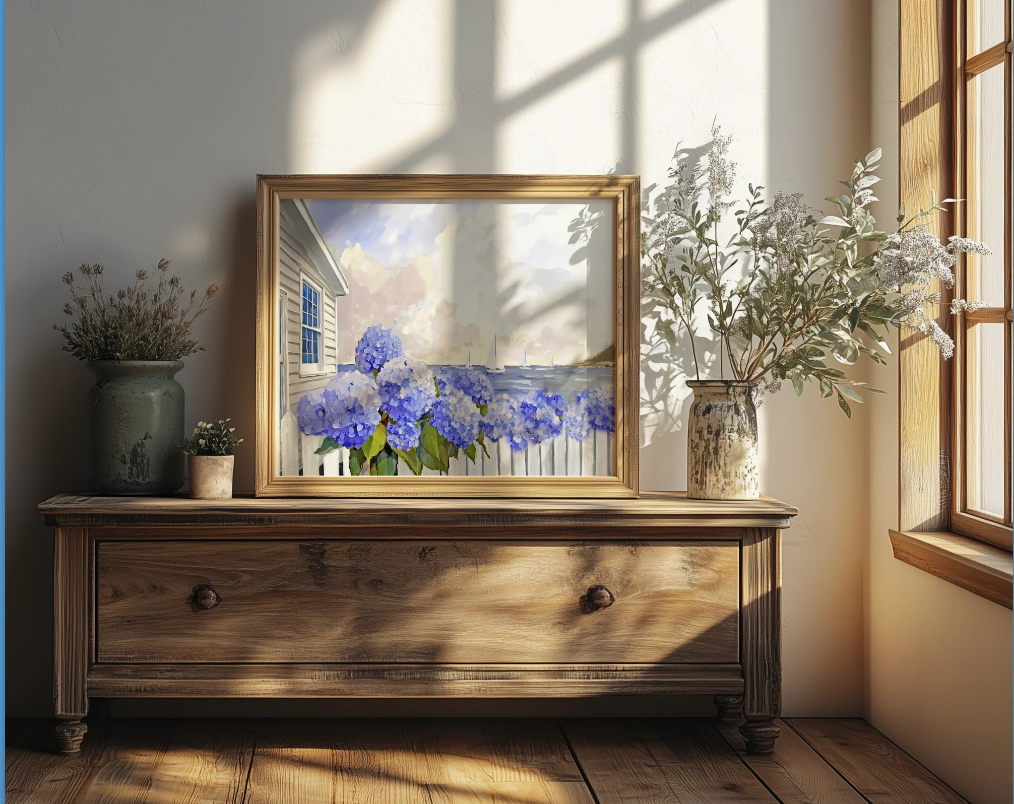 Nantucket Cottage Garden Blue Hydrangea Coastal Wall Art Nantucket Harbor Artwork - Image 2
