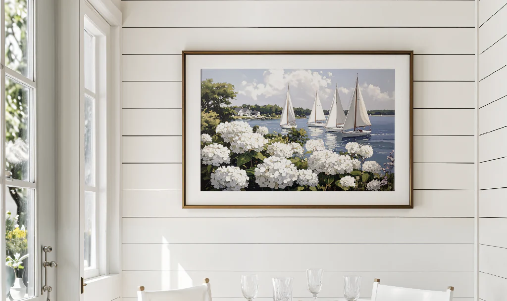 Nantucket Harbor Sailboat Art White Hydrangea Coastal Wall Art Nantucket Harbor Artwork - Image 3