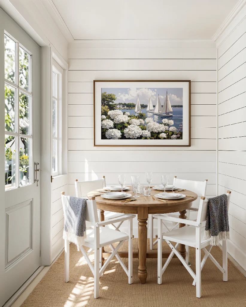 Nantucket Harbor Sailboat Art White Hydrangea Coastal Wall Art Nantucket Harbor Artwork - Image 5