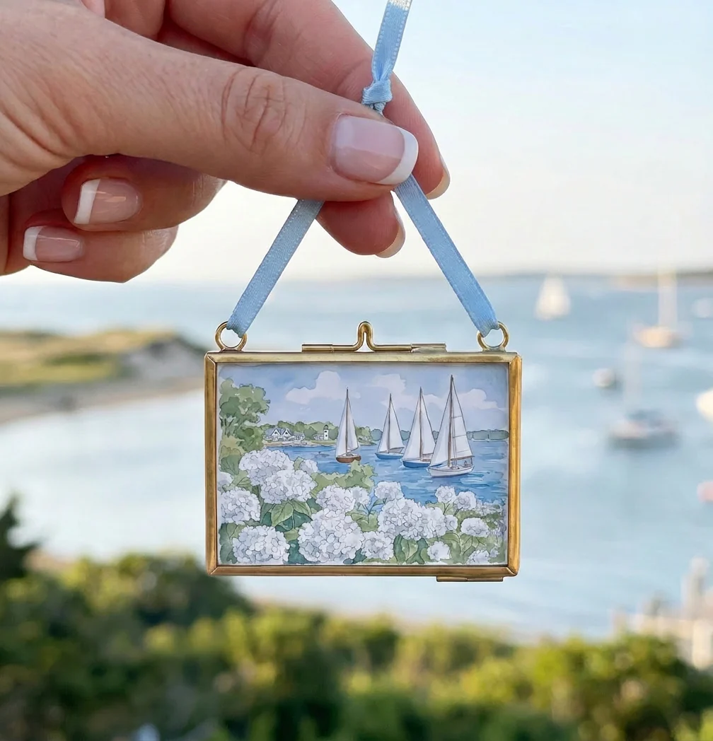 Nantucket Harbor Sailboat Watercolor Art Mini Brass Hanging Frame White Hydrangea Coastal Wall Art