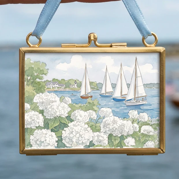 Nantucket Harbor Sailboat Watercolor Art Mini Brass Hanging Frame White Hydrangea Coastal Wall Art - Image 2
