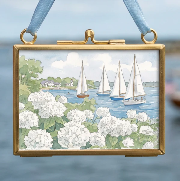 Nantucket Harbor Sailboat Watercolor Art Mini Brass Hanging Frame White Hydrangea Coastal Wall Art - Image 3