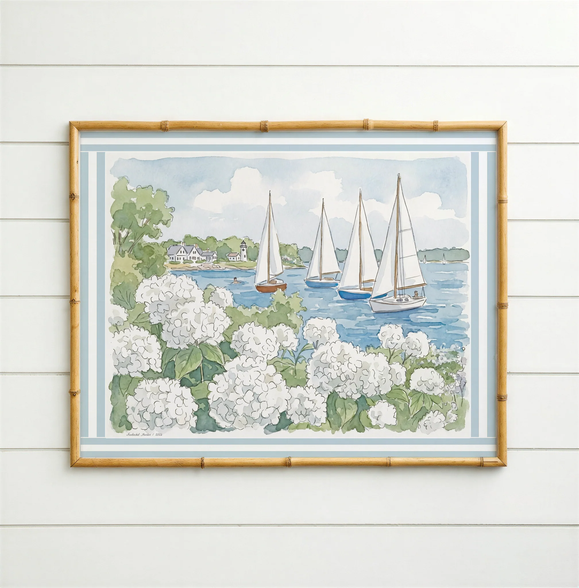 Nantucket Harbor Sailboat Watercolor Art Mini Brass Hanging Frame White Hydrangea Coastal Wall Art - Image 4