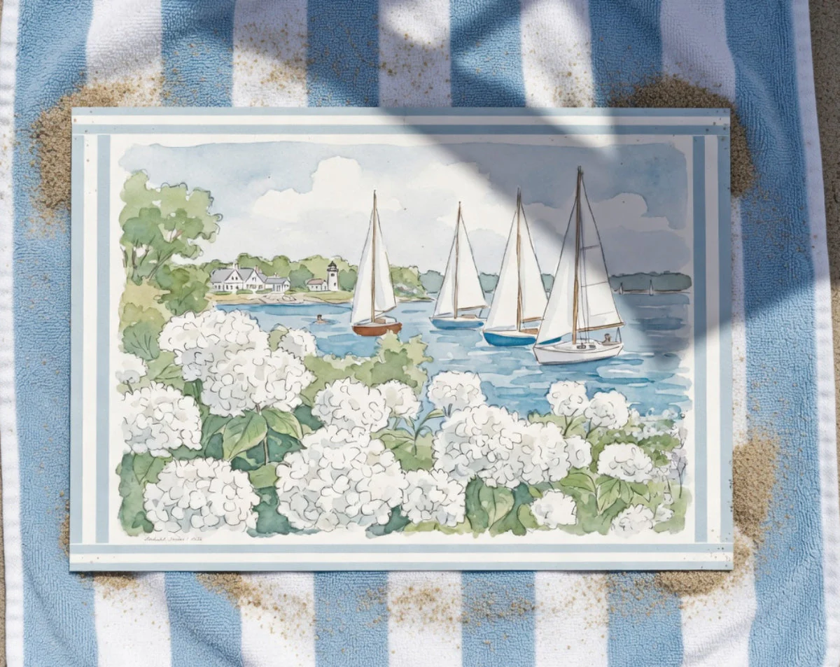 Nantucket Harbor Sailboat Watercolor Art Mini Brass Hanging Frame White Hydrangea Coastal Wall Art - Image 5