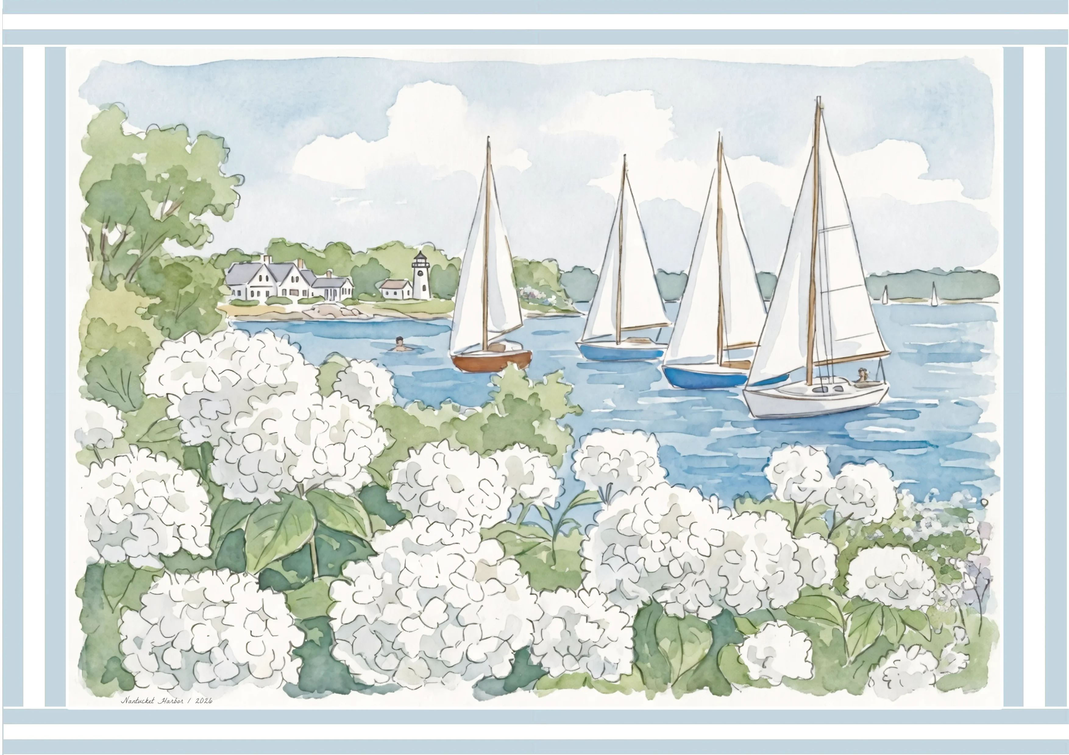 Nantucket Harbor Sailboat Watercolor Art Mini Brass Hanging Frame White Hydrangea Coastal Wall Art - Image 6