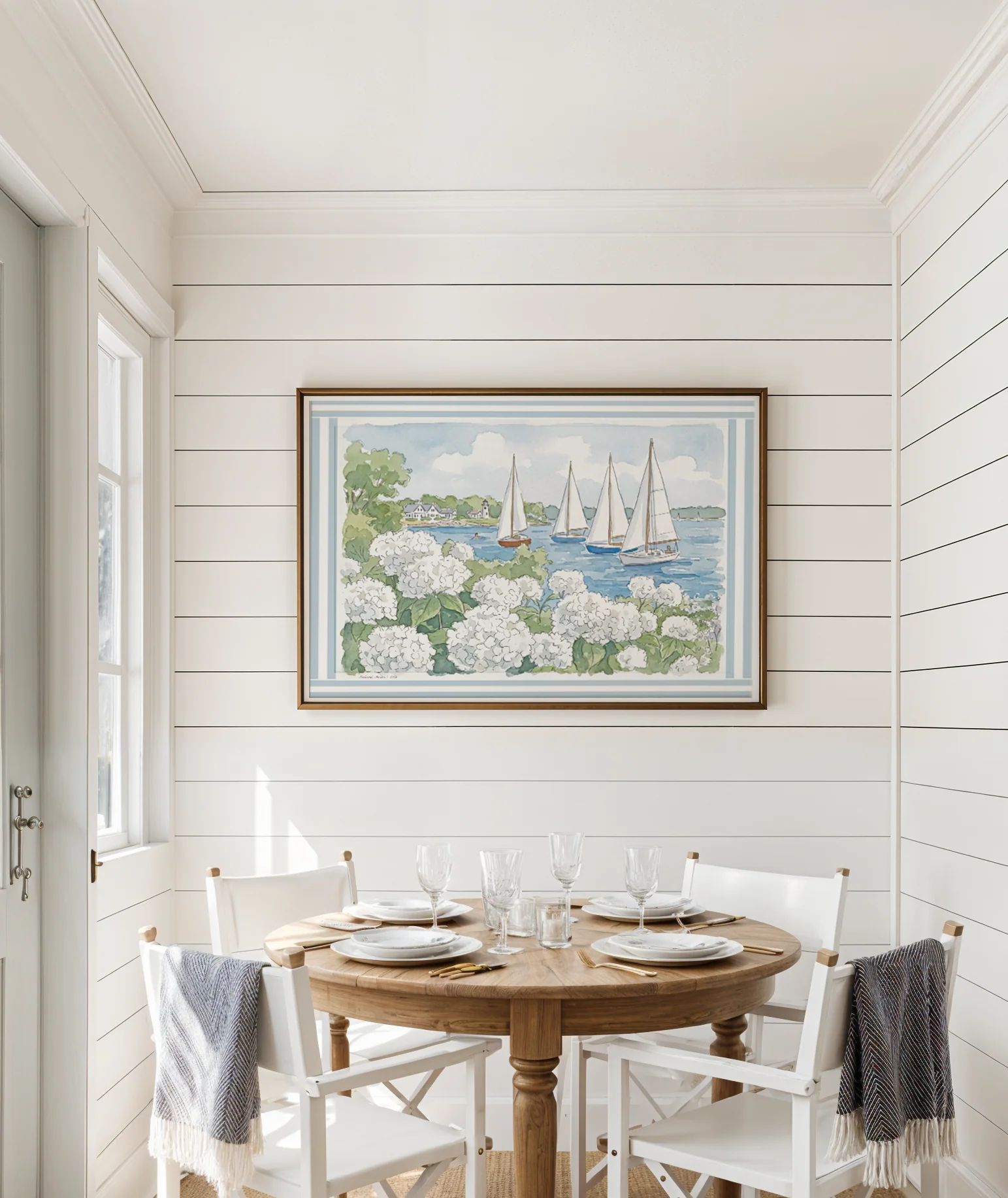 Nantucket Harbor Sailboat Watercolor Art Mini Brass Hanging Frame White Hydrangea Coastal Wall Art - Image 7