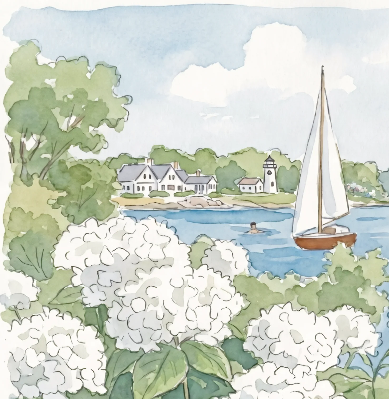 Nantucket Harbor Sailboat Watercolor Art Mini Brass Hanging Frame White Hydrangea Coastal Wall Art - Image 8