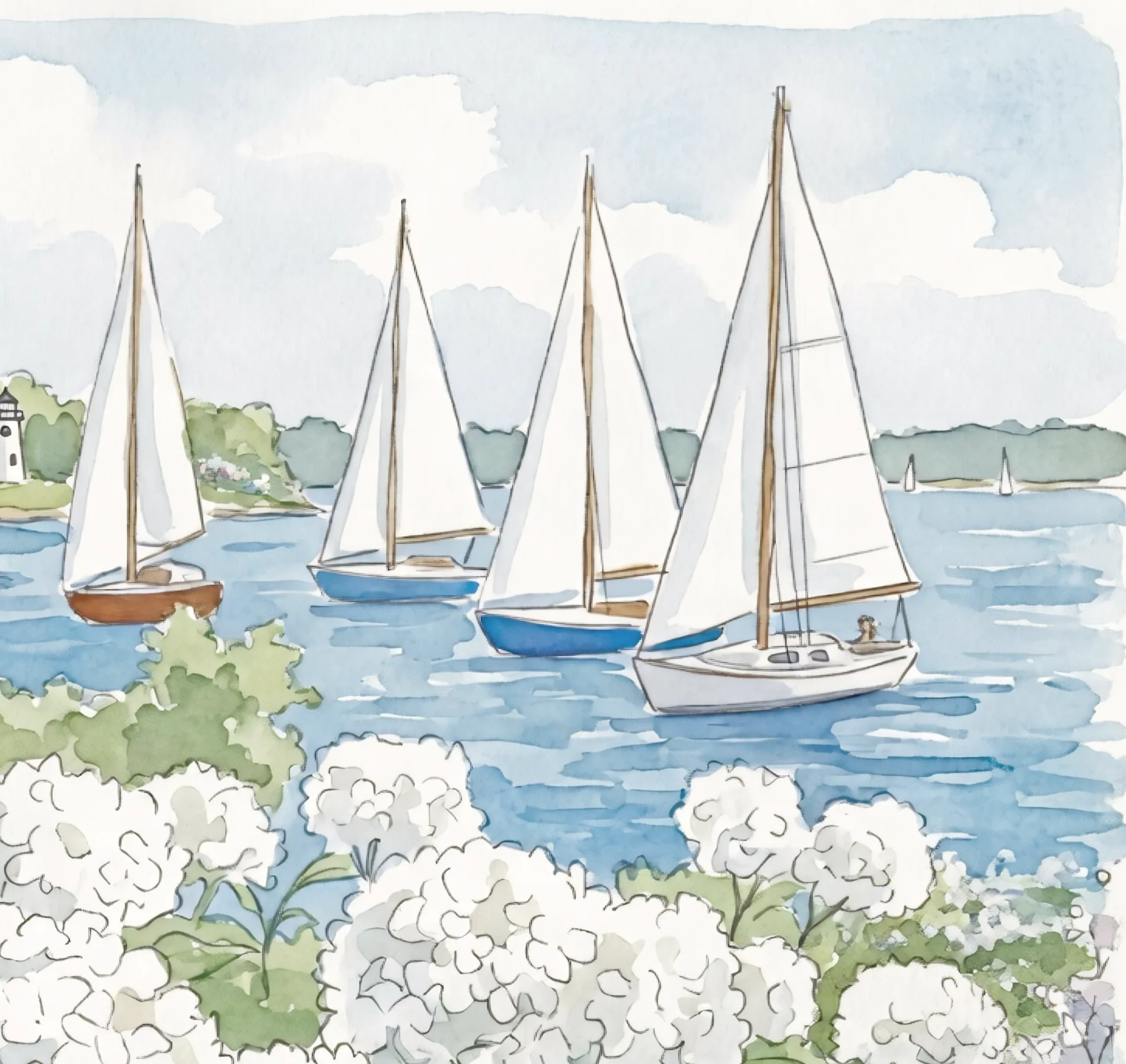 Nantucket Harbor Sailboat Watercolor Art Mini Brass Hanging Frame White Hydrangea Coastal Wall Art - Image 9