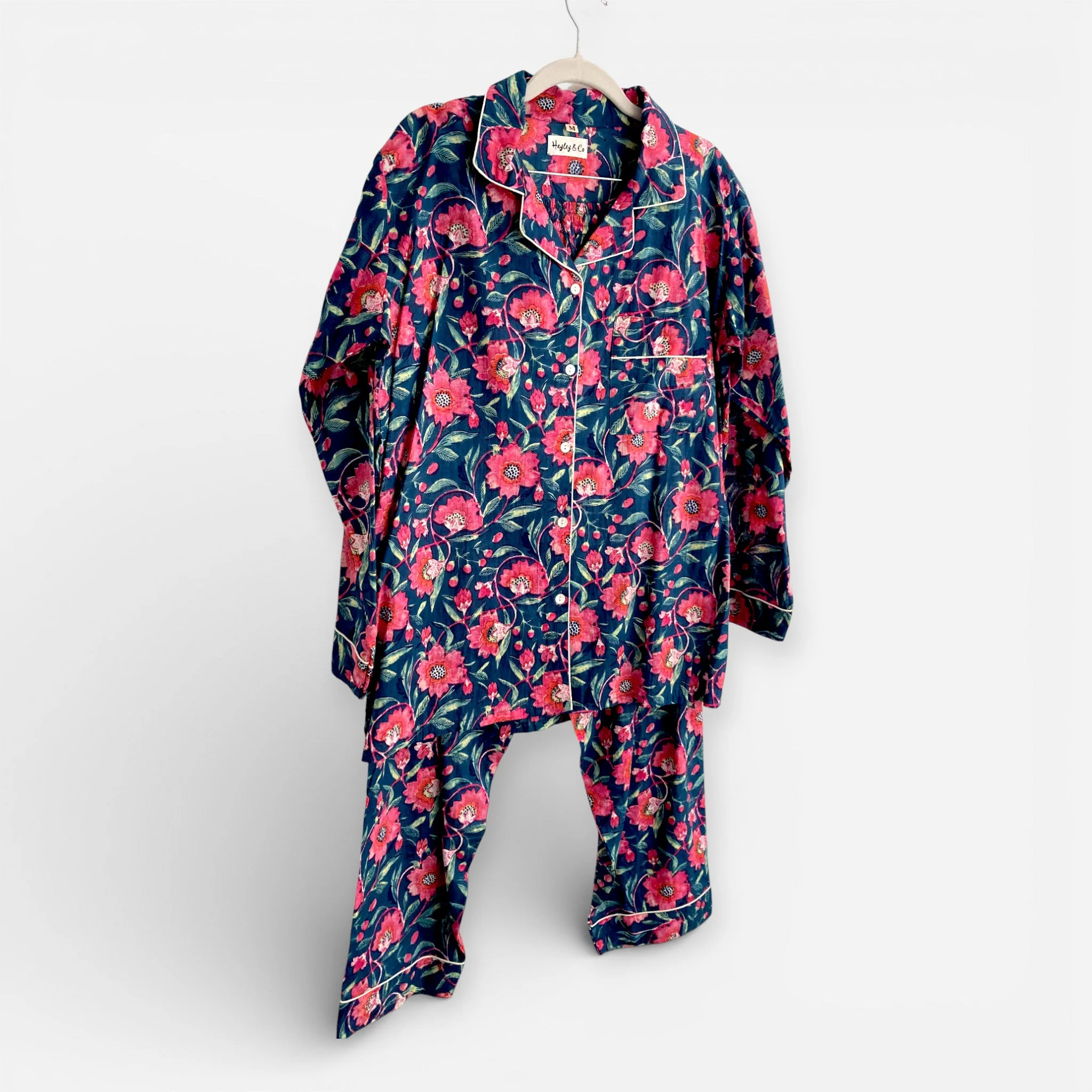 Navy and Pink Block Print Floral 100% Cotton Long Pyjama Set - Image 6