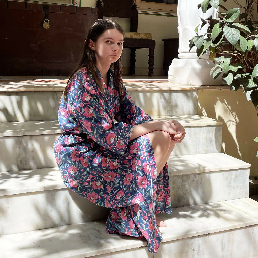 Navy and Pink Floral Block Print 100% Cotton Dressing Gown - Image 3