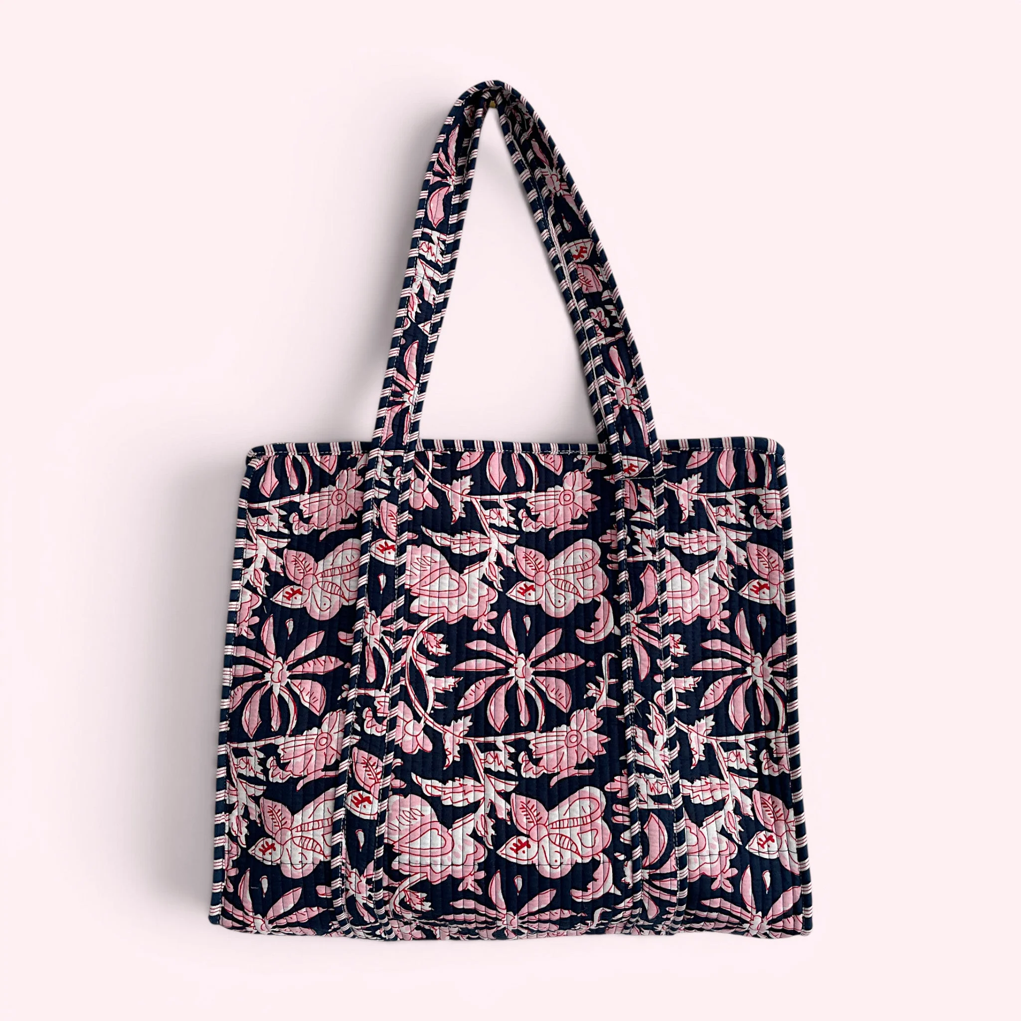 Navy and Pink Flower Quilted Cotton Tote Bag
