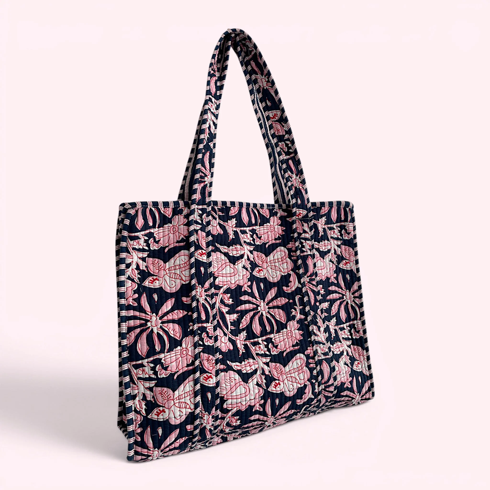 Navy and Pink Flower Quilted Cotton Tote Bag - Image 2