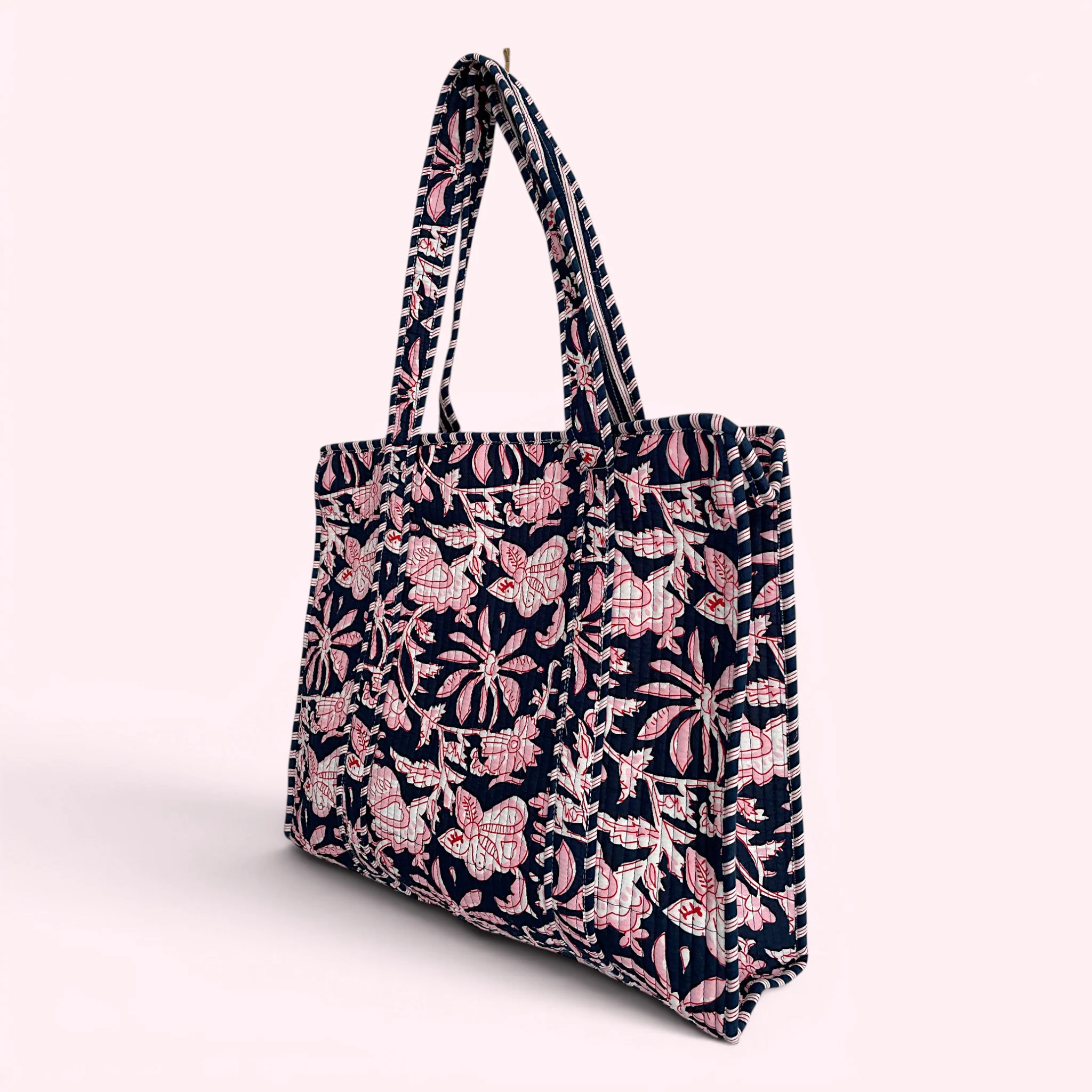Navy and Pink Flower Quilted Cotton Tote Bag - Image 3