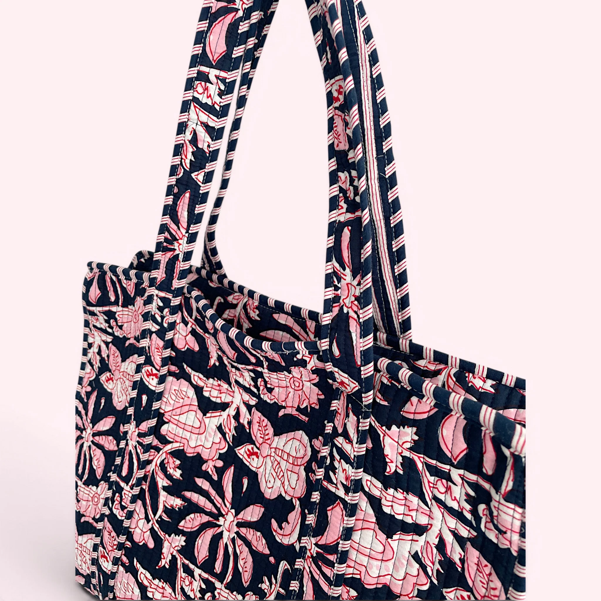Navy and Pink Flower Quilted Cotton Tote Bag - Image 4