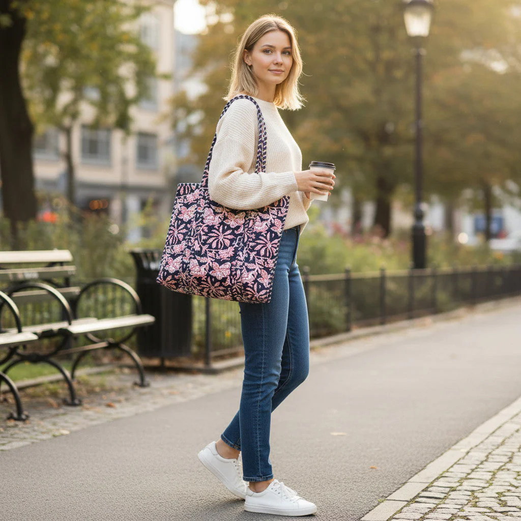 Navy and Pink Flower Quilted Cotton Tote Bag - Image 5
