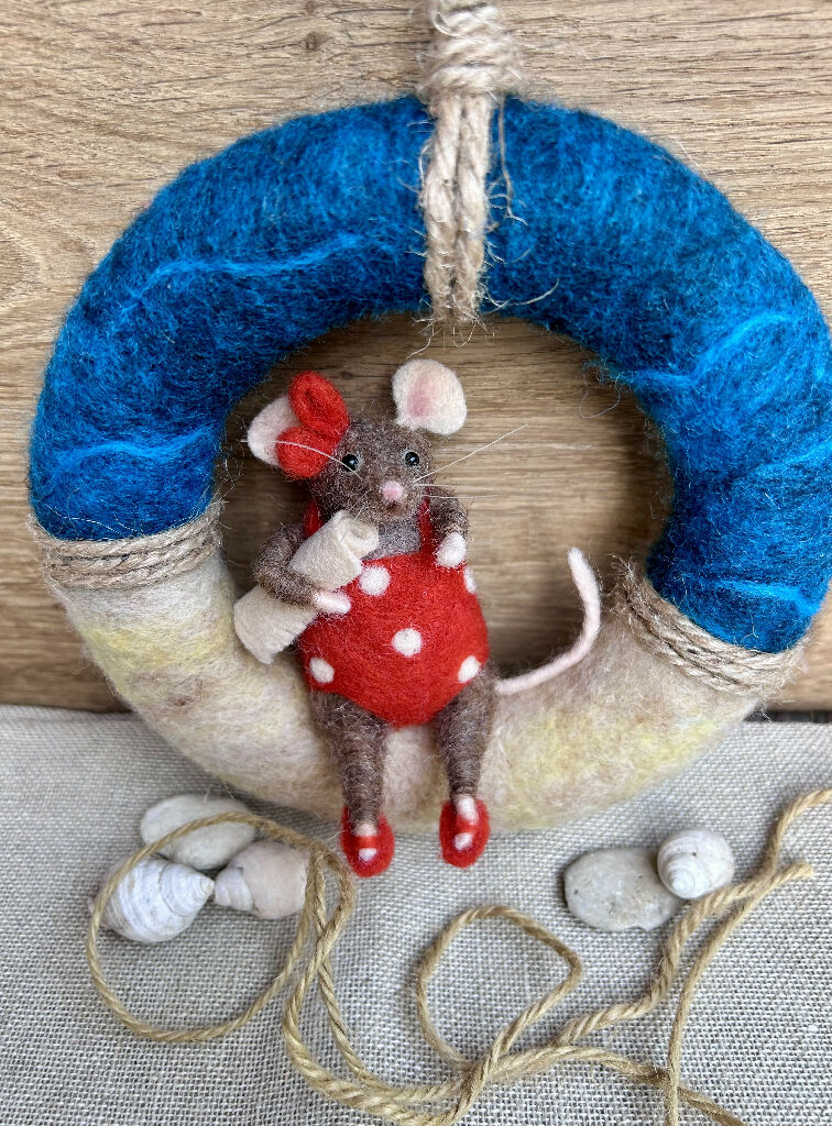 Needle-Felted Seaside Mouse in Red Polka Dot Swimsuit on Summer Coastal Wreath - Image 3