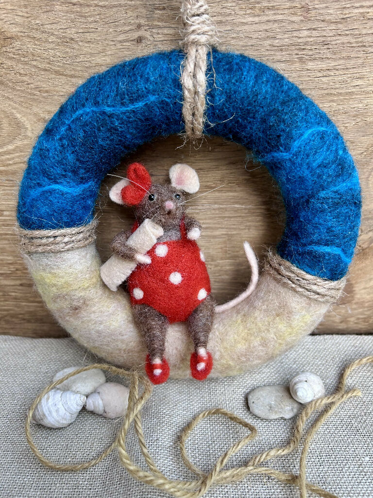 Needle-Felted Seaside Mouse in Red Polka Dot Swimsuit on Summer Coastal Wreath - Image 8