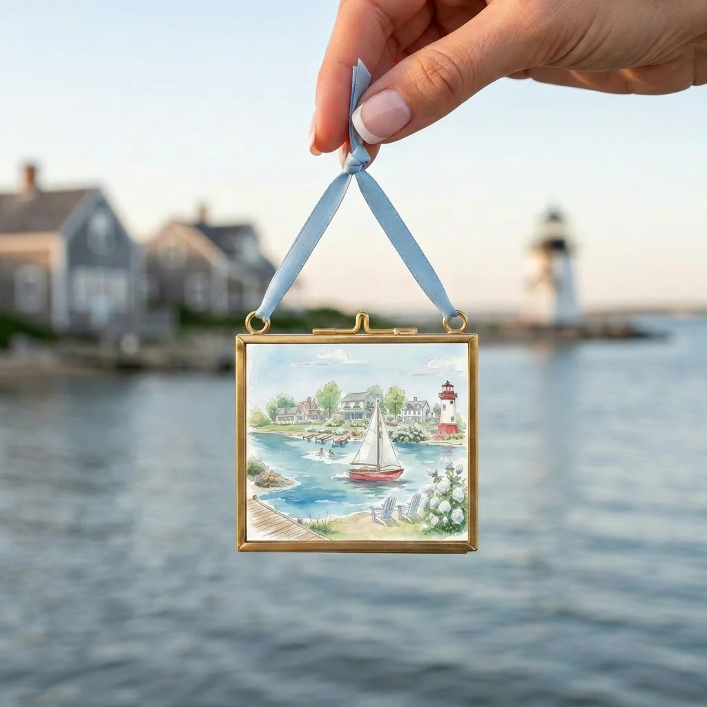 New England Art Print Coastal Watercolor Mini Brass Hanging Frame Wall Decor - Image 2