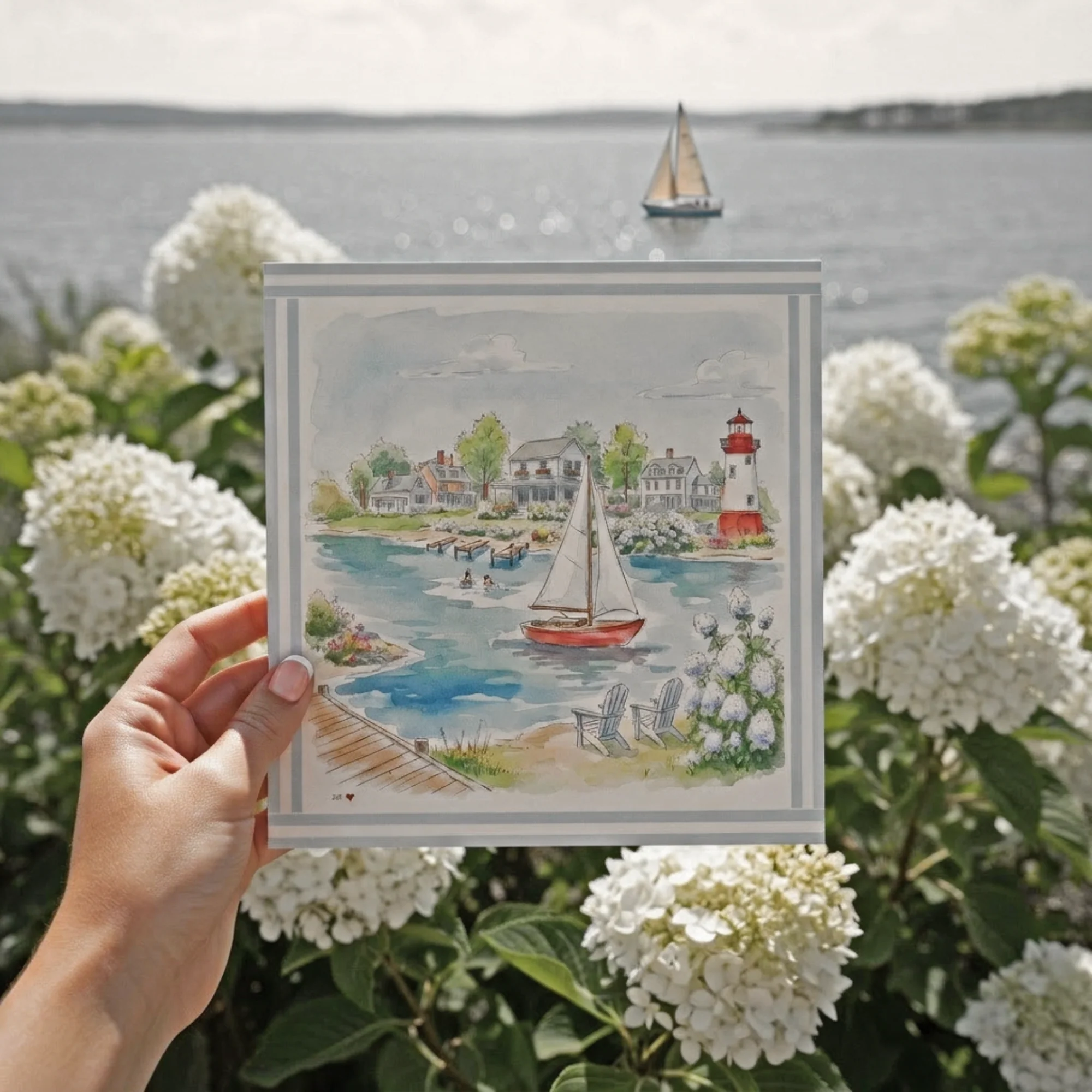 New England Art Print Coastal Watercolor Mini Brass Hanging Frame Wall Decor - Image 3