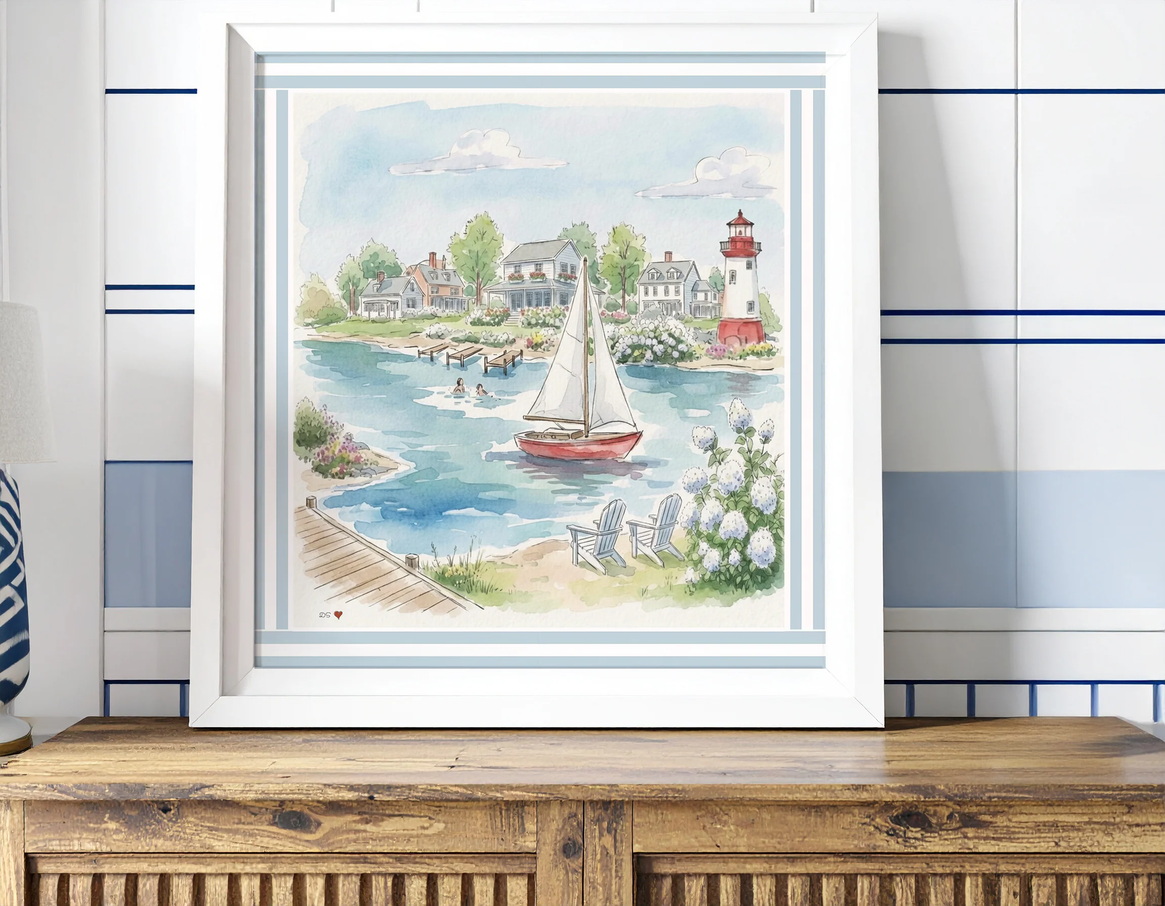 New England Art Print Coastal Watercolor Mini Brass Hanging Frame Wall Decor - Image 6