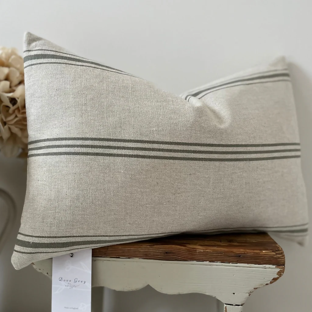 Oblong cushion in Susie Watson Slate Vintage Stripe cotton
