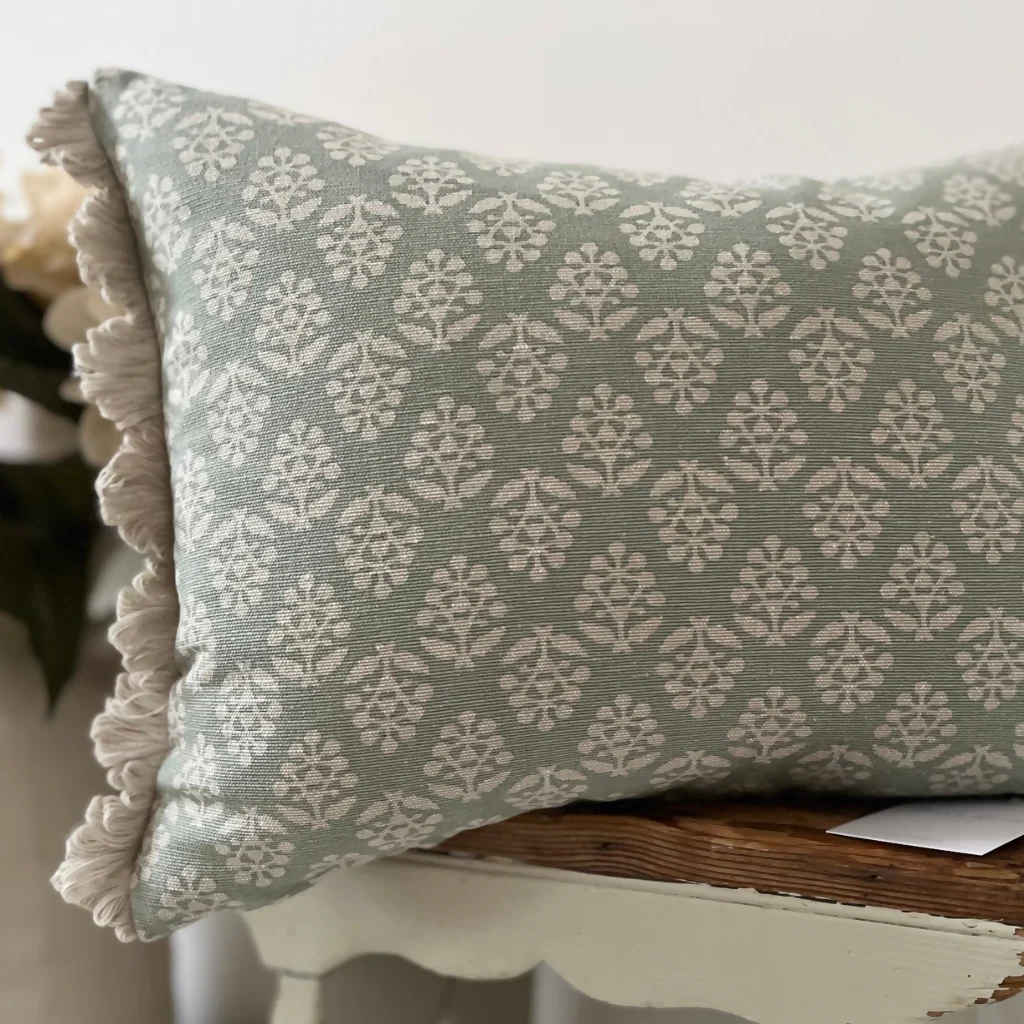 Oblong fan edge cushion in Susie Watson Duck Egg Sprig cotton - Image 2