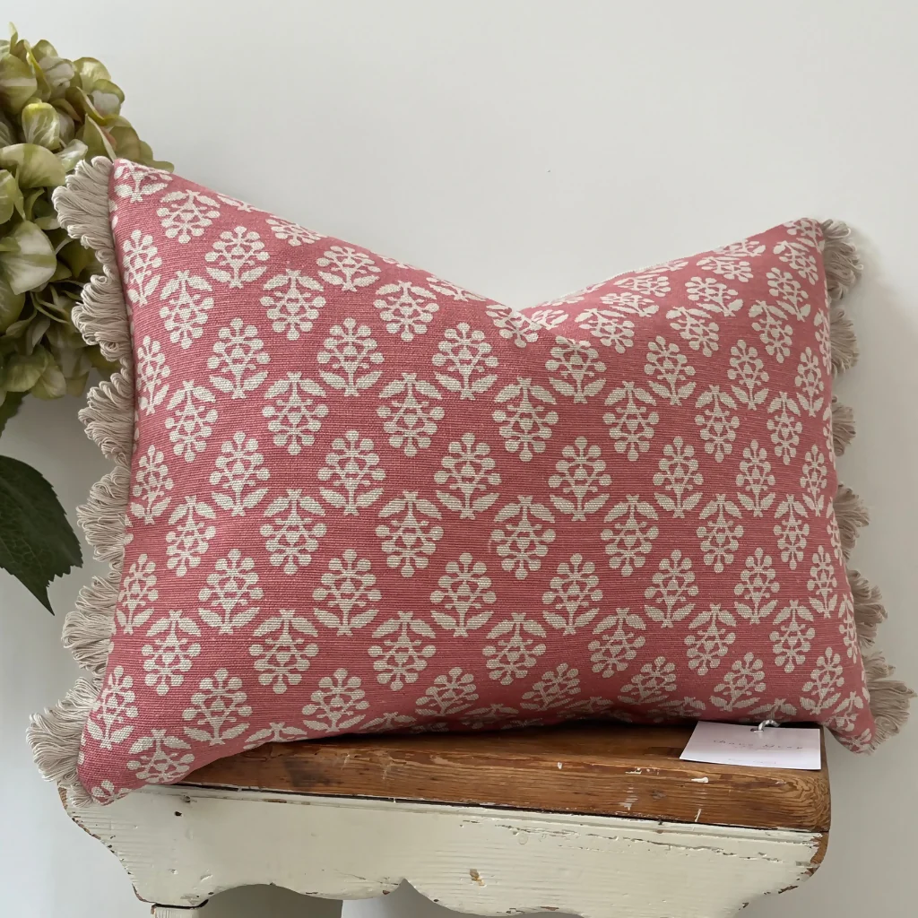 Oblong fan edge cushion in Susie Watson Rose Sprig cotton