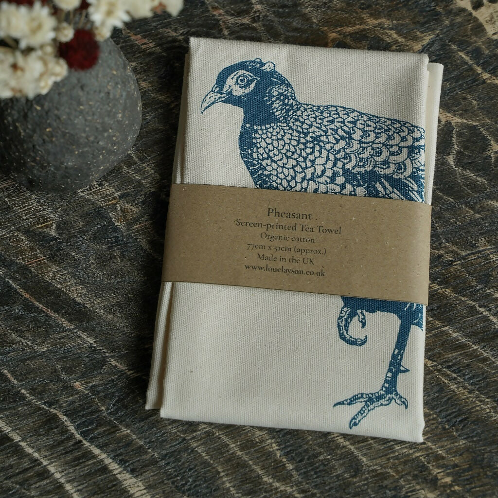 Organic Cotton Pheasant Tea Towel - Blue Print - Image 3